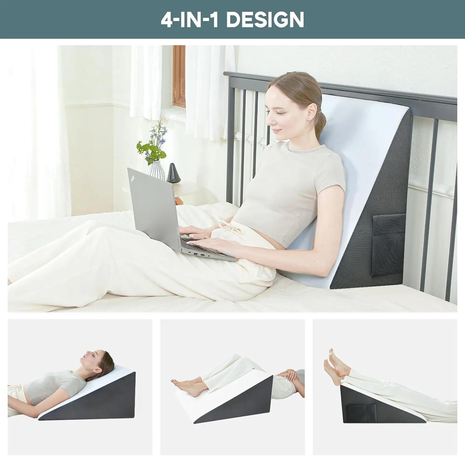 Bed Wedge Pillow, 12" 24" 24" Triangle Pillow Wedge, Cooling Memory Foam Top, Elevated Support Wedge Pillow for Relieving Acid Reflux, Heartburn, Snoring and GERD