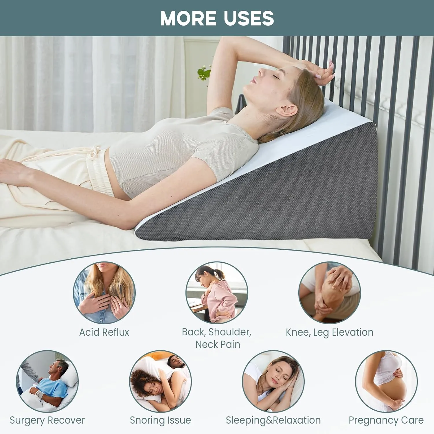 Bed Wedge Pillow, 12" 24" 24" Triangle Pillow Wedge, Cooling Memory Foam Top, Elevated Support Wedge Pillow for Relieving Acid Reflux, Heartburn, Snoring and GERD