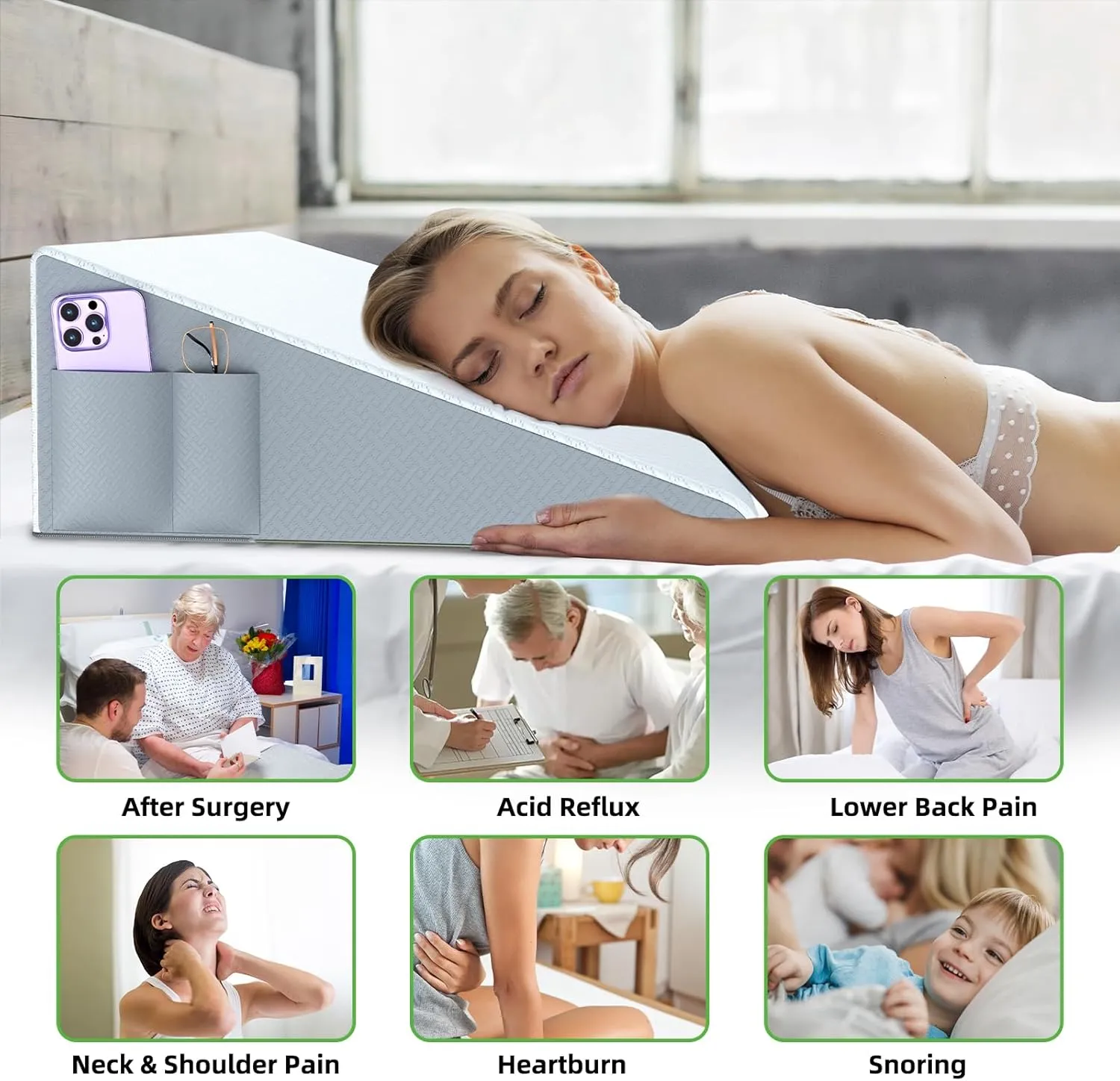 Bed Wedge Pillow for Headboard, 10" Bed Wedge Pillow, Headboard Triangle Pillow Wedge for Sleeping Post Surgery Legs Back Pain Gerd Snoring, Soft Memory Foam Top & Washable Cover