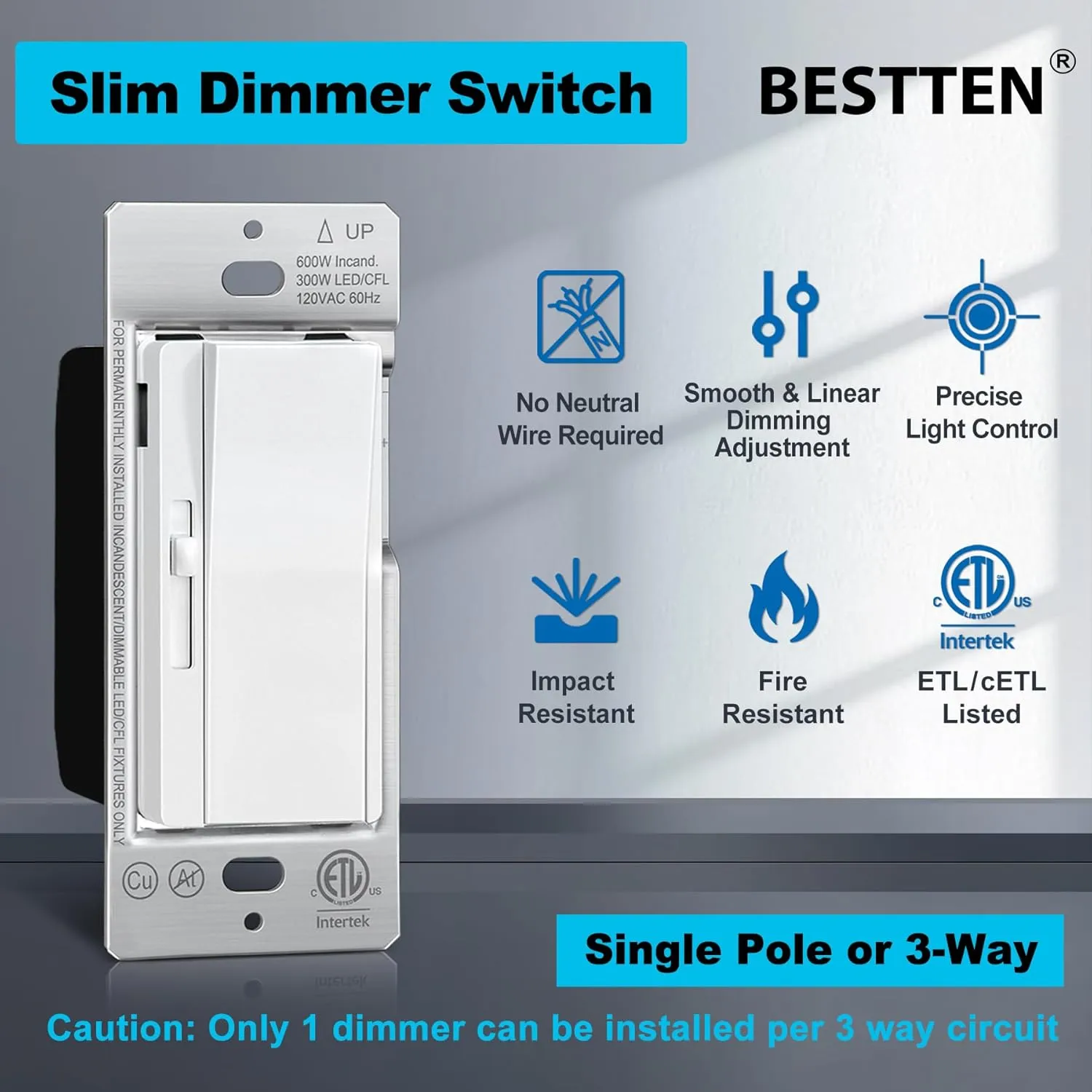 BESTTEN 3 Pack Slide Dimmer Light Switch, Quiet Rocker, Super Slim Single Pole or 3 Way Dimmable Switch, Max 300W LED, CFL, 600W Incandescent, ETL Listed, White