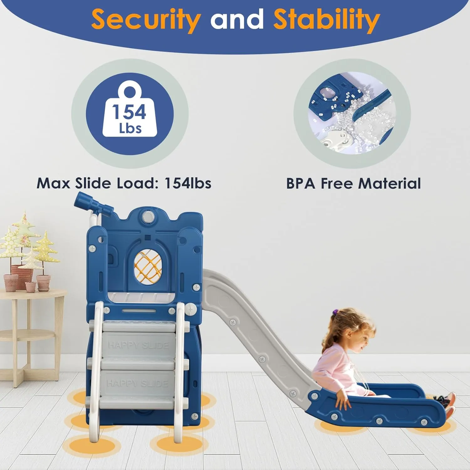 BIERUM 7 in 1 Toddler Slide, L-Shaped Kids Slide for Toddlers Age 1-3 with Basketball Hoop and Ball, Ring Toss, Storage Space, Outdoor and Indoor Slide Playset Toddler Playground Blue Gray