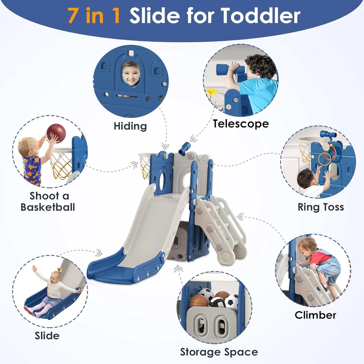 BIERUM 7 in 1 Toddler Slide, L-Shaped Kids Slide for Toddlers Age 1-3 with Basketball Hoop and Ball, Ring Toss, Storage Space, Outdoor and Indoor Slide Playset Toddler Playground Blue Gray