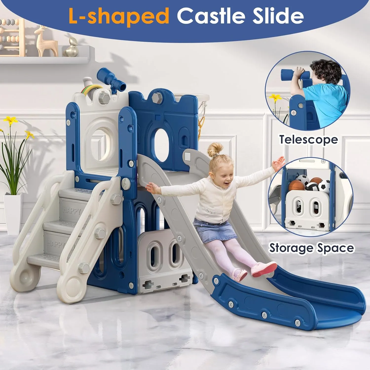 BIERUM 7 in 1 Toddler Slide, L-Shaped Kids Slide for Toddlers Age 1-3 with Basketball Hoop and Ball, Ring Toss, Storage Space, Outdoor and Indoor Slide Playset Toddler Playground Blue Gray