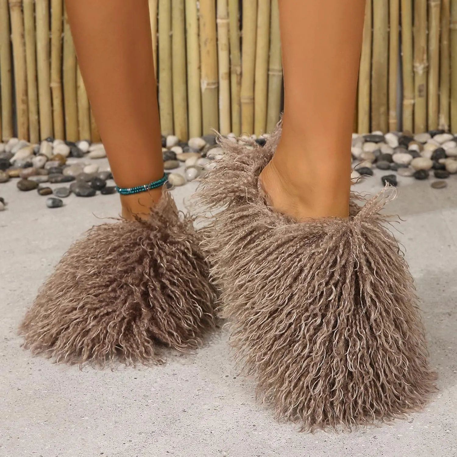 Big Fuzzy Faux Fur Slippers, Unisex Fuzzy Wool-Like House Slides, Women's Warm Plush Fluffy Long Hair Sheep Slip on Shoes