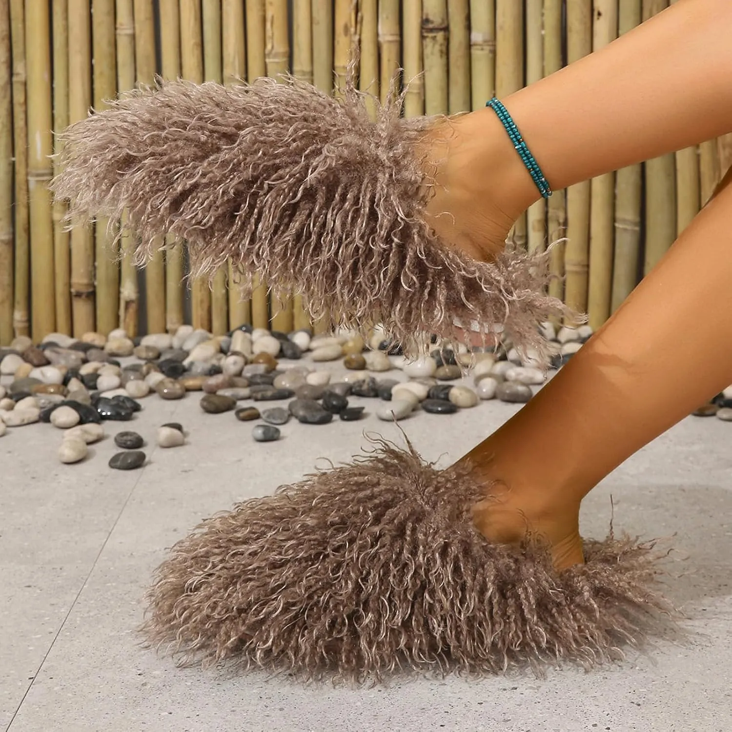 Big Fuzzy Faux Fur Slippers, Unisex Fuzzy Wool-Like House Slides, Women's Warm Plush Fluffy Long Hair Sheep Slip on Shoes