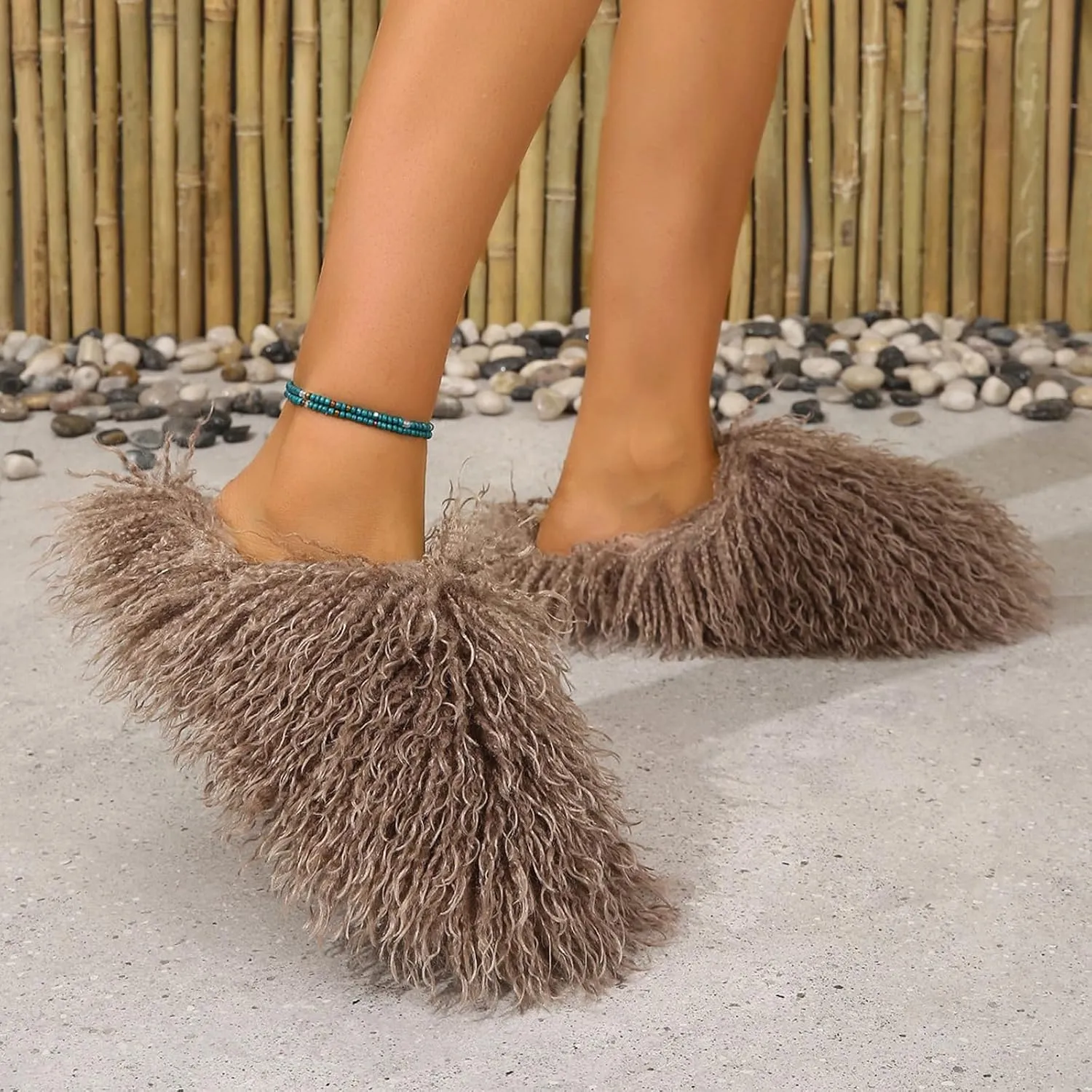 Big Fuzzy Faux Fur Slippers, Unisex Fuzzy Wool-Like House Slides, Women's Warm Plush Fluffy Long Hair Sheep Slip on Shoes