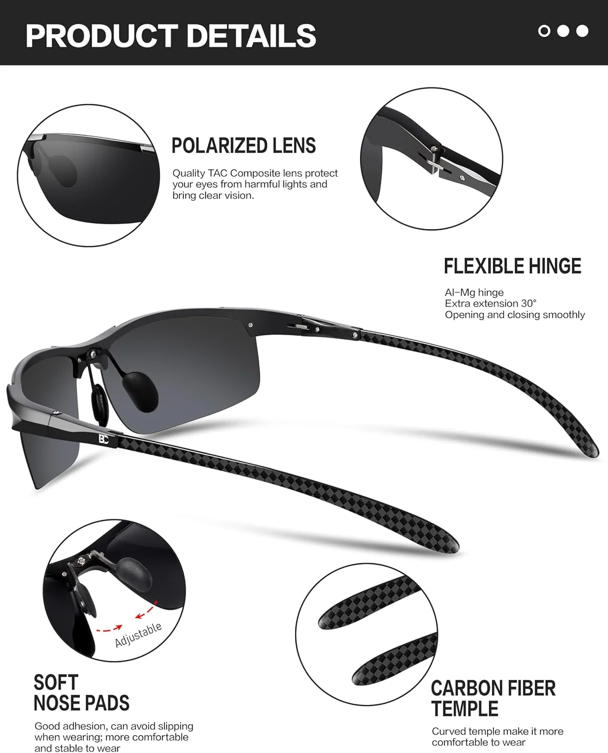 BIRCEN Polarized Carbon-Fiber Sunglasses for Men: Ultralight UV Protection Sun Glasses for Outdoor Sports Fishing Golf Hiking