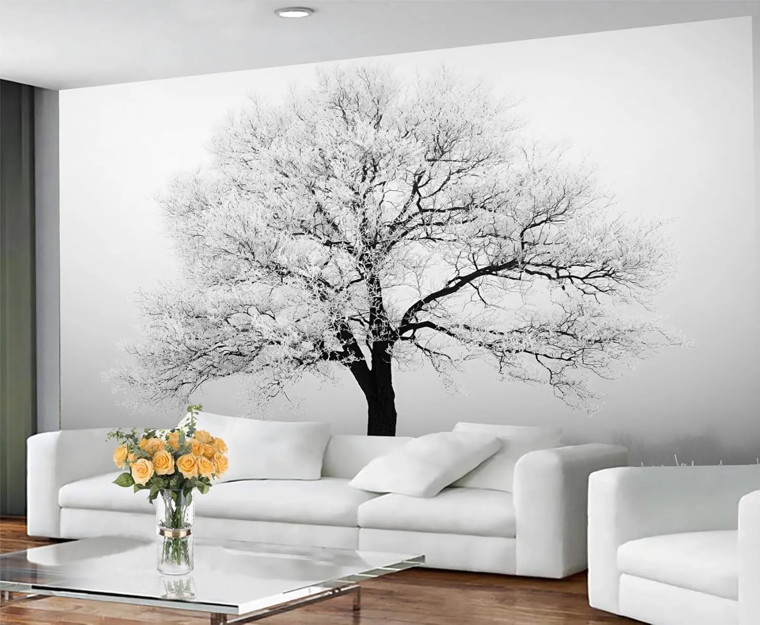 Black and White Wall Mural, Big Trees Mural, Frost and Snow Wallpaper, Cold Atmosphere Wall Mural for Living Room Office (Not Peel and Stick) - 169.3"x 118.2"