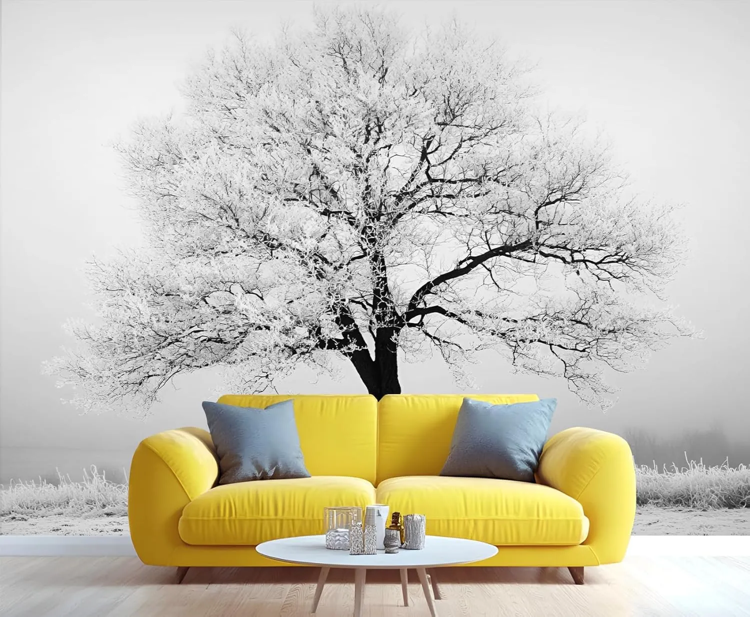Black and White Wall Mural, Big Trees Mural, Frost and Snow Wallpaper, Cold Atmosphere Wall Mural for Living Room Office (Not Peel and Stick) - 169.3"x 118.2"