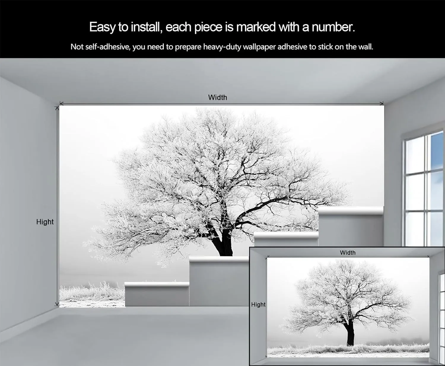 Black and White Wall Mural, Big Trees Mural, Frost and Snow Wallpaper, Cold Atmosphere Wall Mural for Living Room Office (Not Peel and Stick) - 169.3"x 118.2"