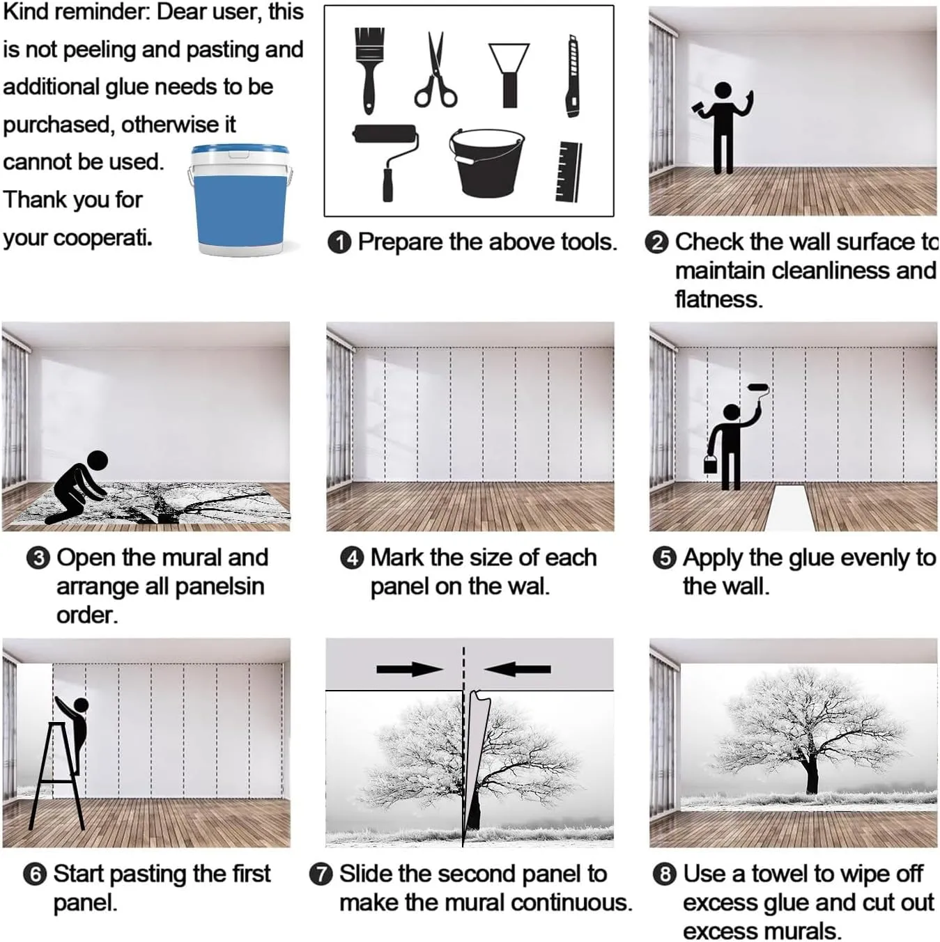 Black and White Wall Mural, Big Trees Mural, Frost and Snow Wallpaper, Cold Atmosphere Wall Mural for Living Room Office (Not Peel and Stick) - 169.3"x 118.2"