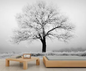 Black and White Wall Mural, Big Trees Mural, Frost and Snow Wallpaper, Cold Atmosphere Wall Mural for Living Room Office (Not Peel and Stick) - 169.3"x 118.2"