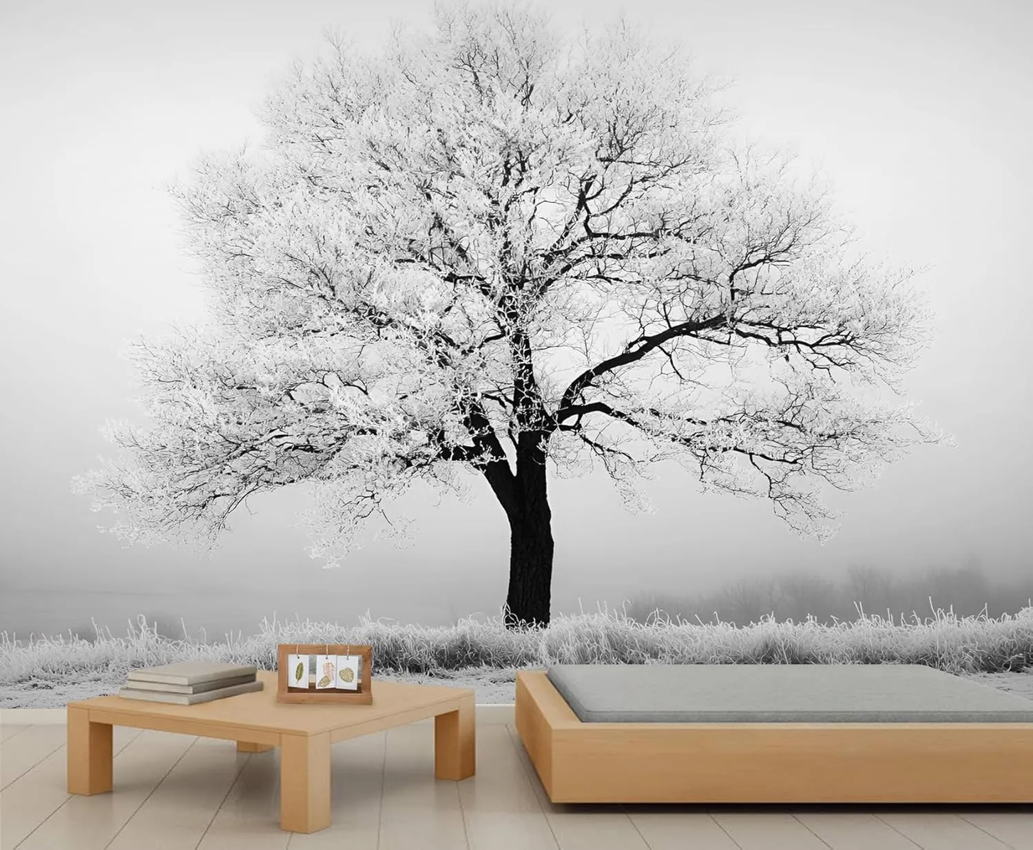 Black and White Wall Mural, Big Trees Mural, Frost and Snow Wallpaper, Cold Atmosphere Wall Mural for Living Room Office (Not Peel and Stick) - 169.3"x 118.2"