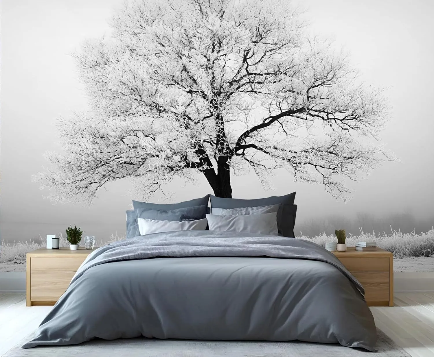 Black and White Wall Mural, Big Trees Mural, Frost and Snow Wallpaper, Cold Atmosphere Wall Mural for Living Room Office (Not Peel and Stick) - 169.3"x 118.2"