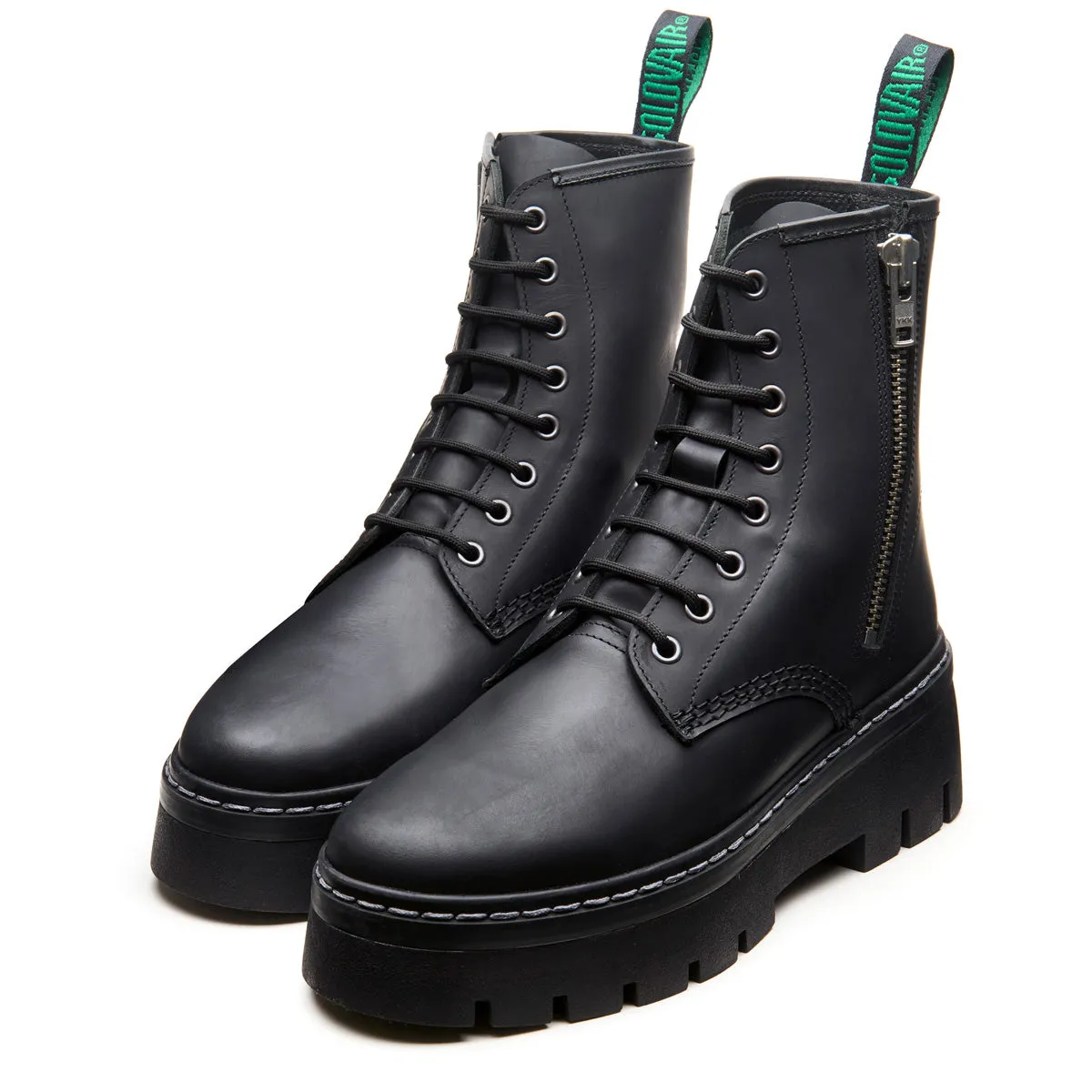 Black Greasy 8 Eye Zipped Platform Derby Boot