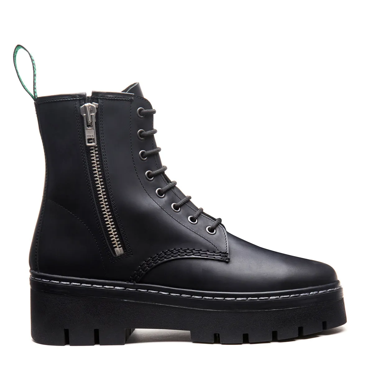 Black Greasy 8 Eye Zipped Platform Derby Boot
