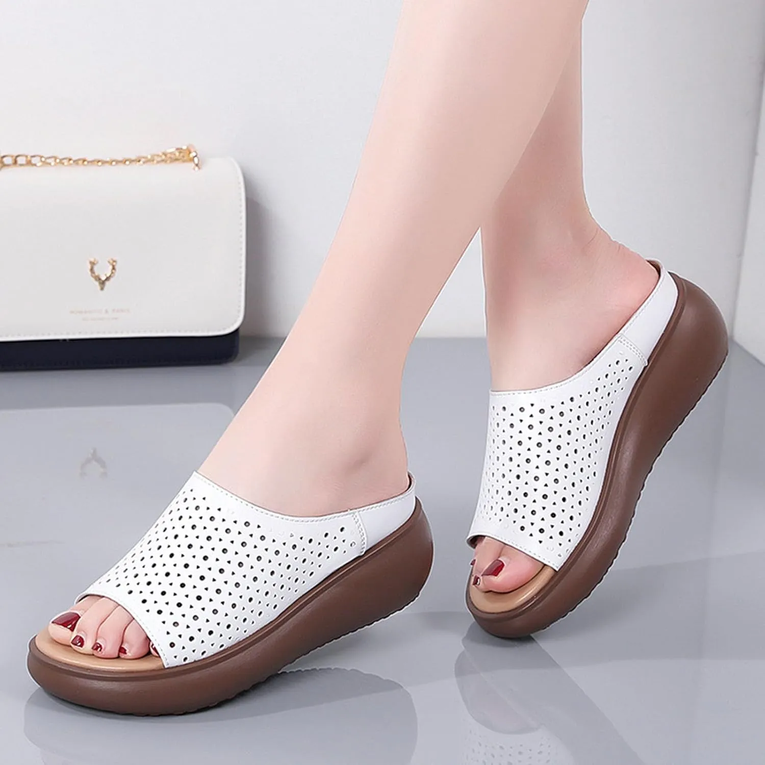 BlackeEight Women's Cutout Leather Wedge Sandals,Summer Open Toe Comfort Breathe Backless Casual Slides Orthopedic Slippers