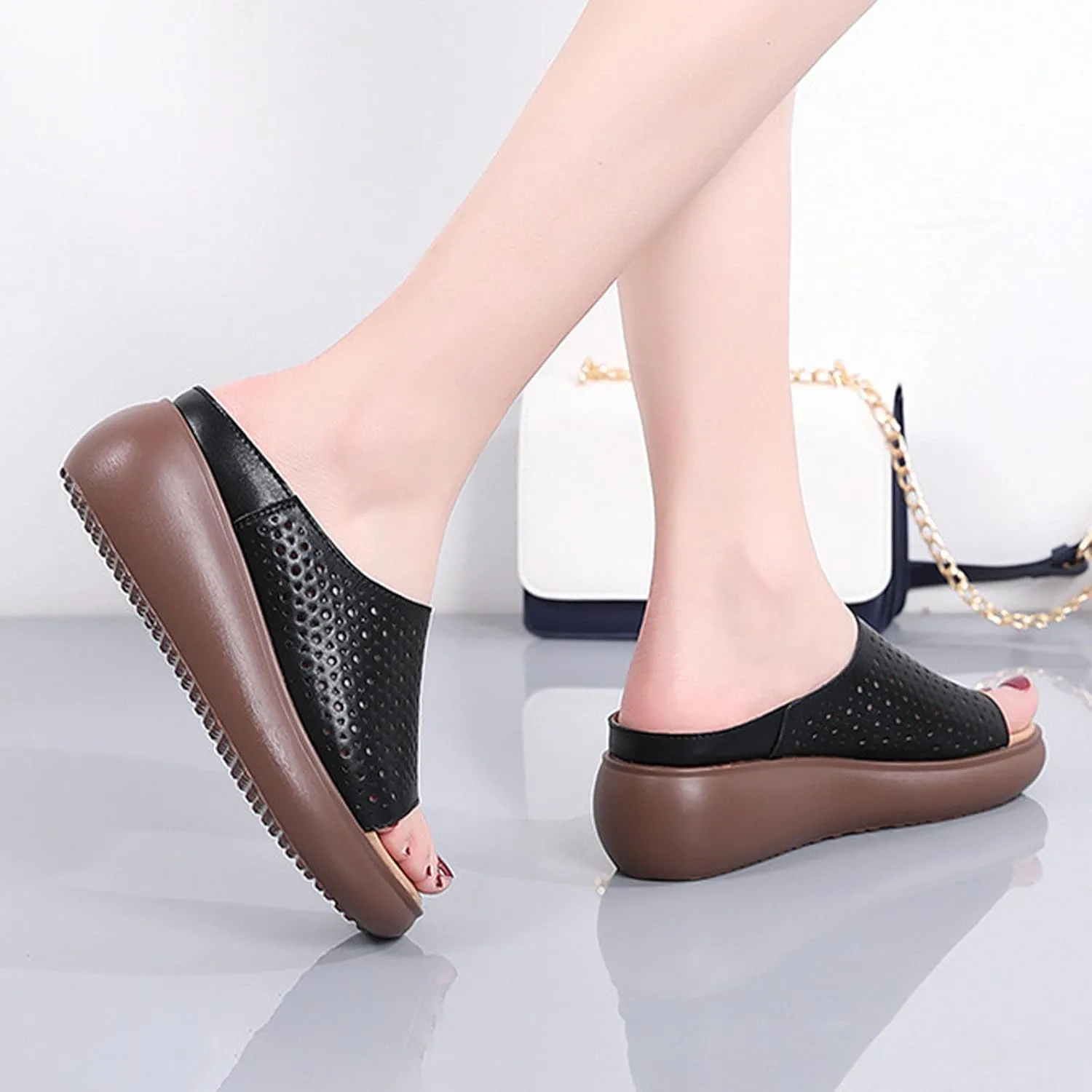 BlackeEight Women's Cutout Leather Wedge Sandals,Summer Open Toe Comfort Breathe Backless Casual Slides Orthopedic Slippers
