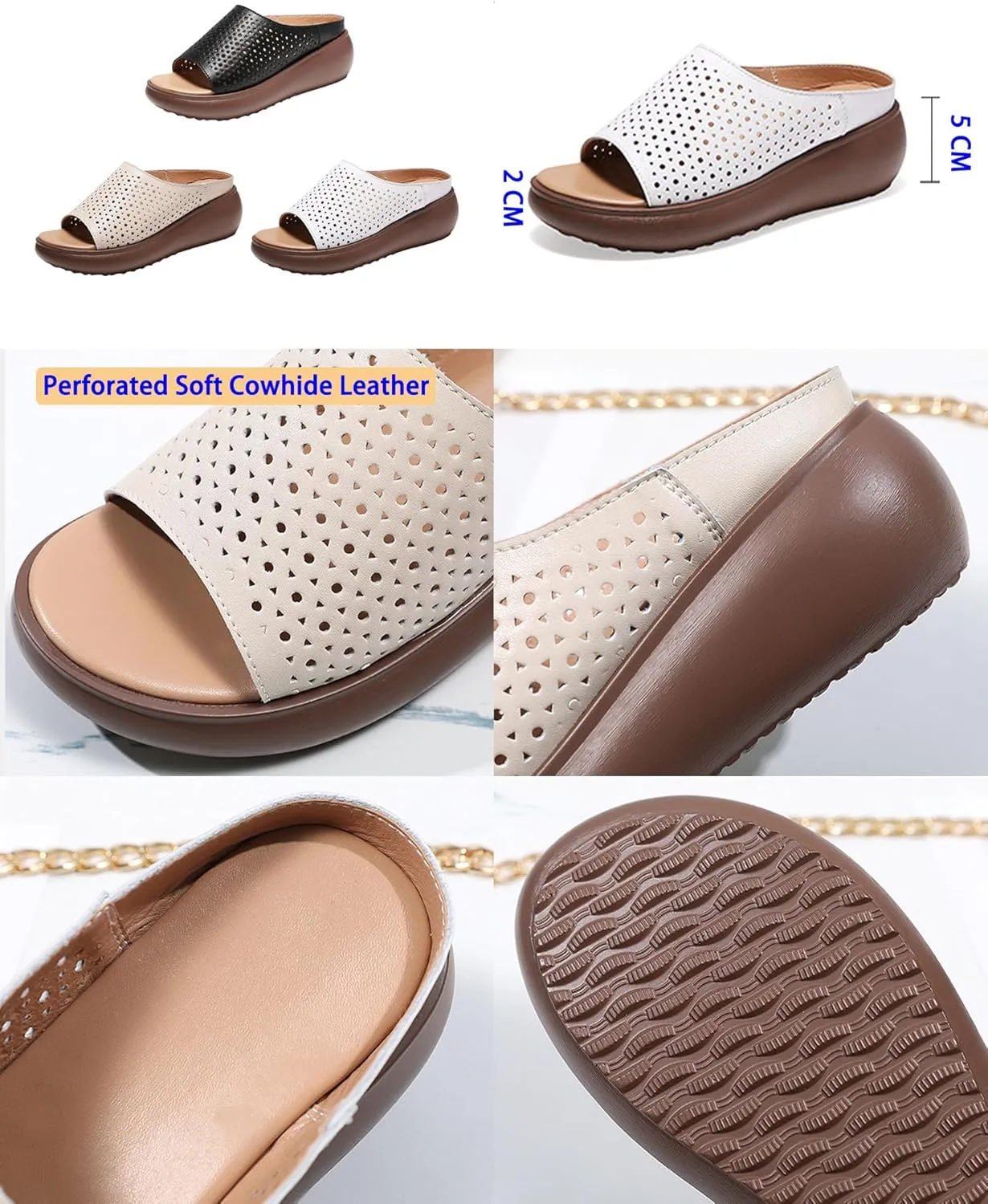 BlackeEight Women's Cutout Leather Wedge Sandals,Summer Open Toe Comfort Breathe Backless Casual Slides Orthopedic Slippers