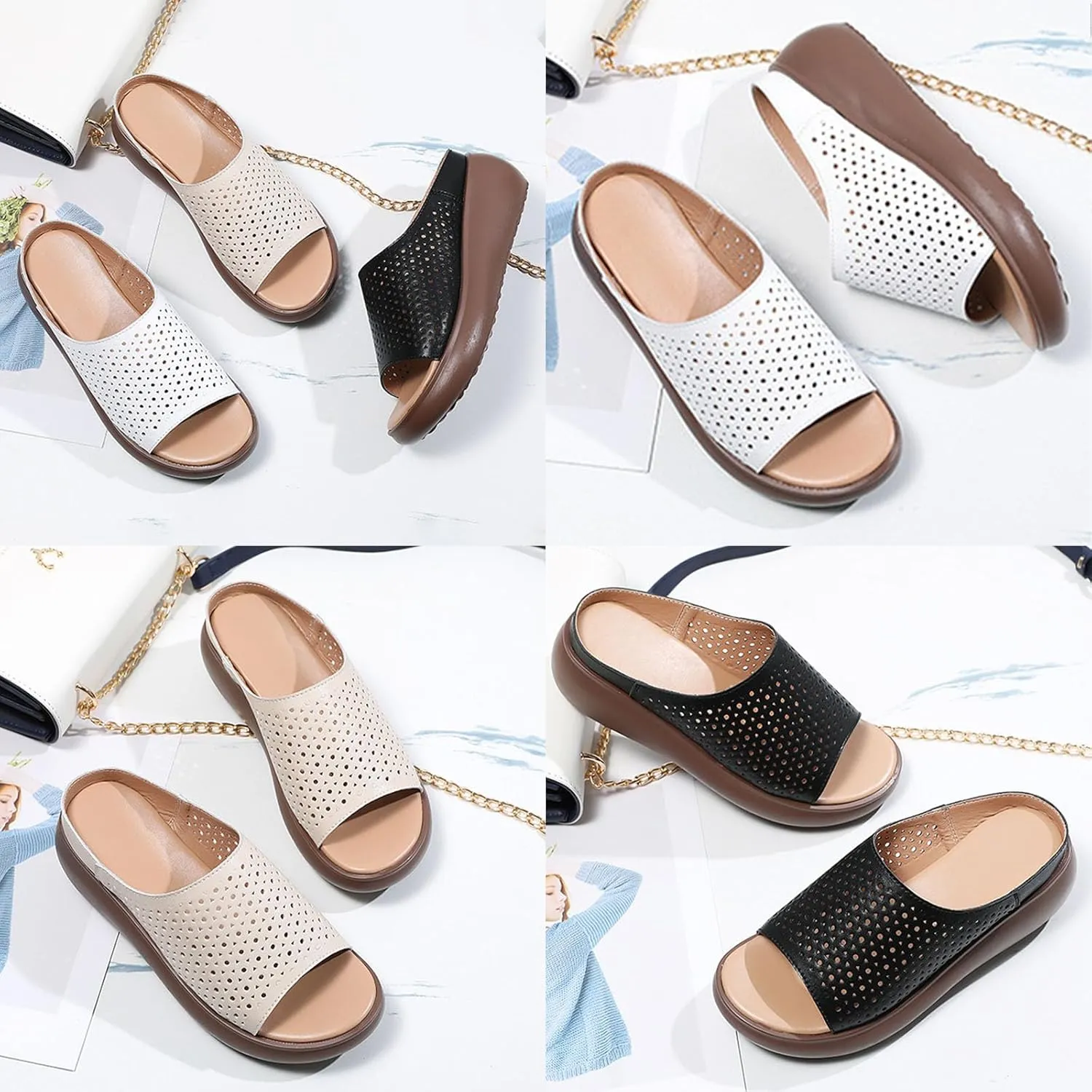BlackeEight Women's Cutout Leather Wedge Sandals,Summer Open Toe Comfort Breathe Backless Casual Slides Orthopedic Slippers