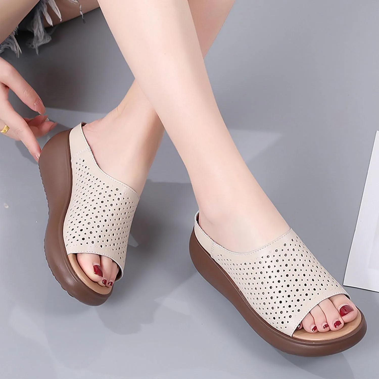 BlackeEight Women's Cutout Leather Wedge Sandals,Summer Open Toe Comfort Breathe Backless Casual Slides Orthopedic Slippers