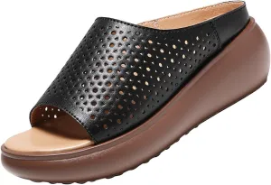 BlackeEight Women's Cutout Leather Wedge Sandals,Summer Open Toe Comfort Breathe Backless Casual Slides Orthopedic Slippers