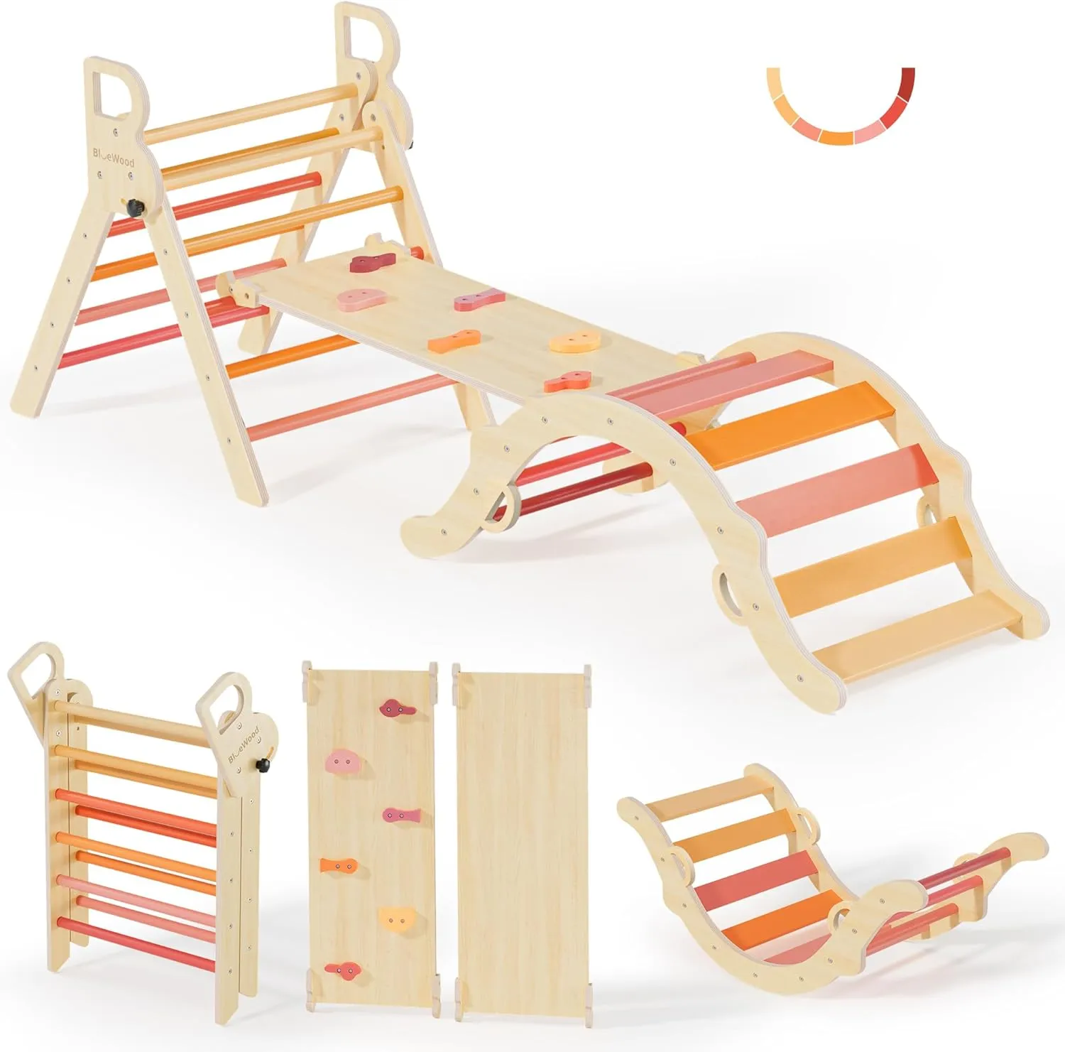 BlueWood Pikler Triangle Set, Toddler Wooden Climbing Toys Indoor 7in1 Foldable Climber for Kids, Montessori Philosophy Play Jungle Gym with Arch, Ramp, Ladder (Farm Charm Autumn)
