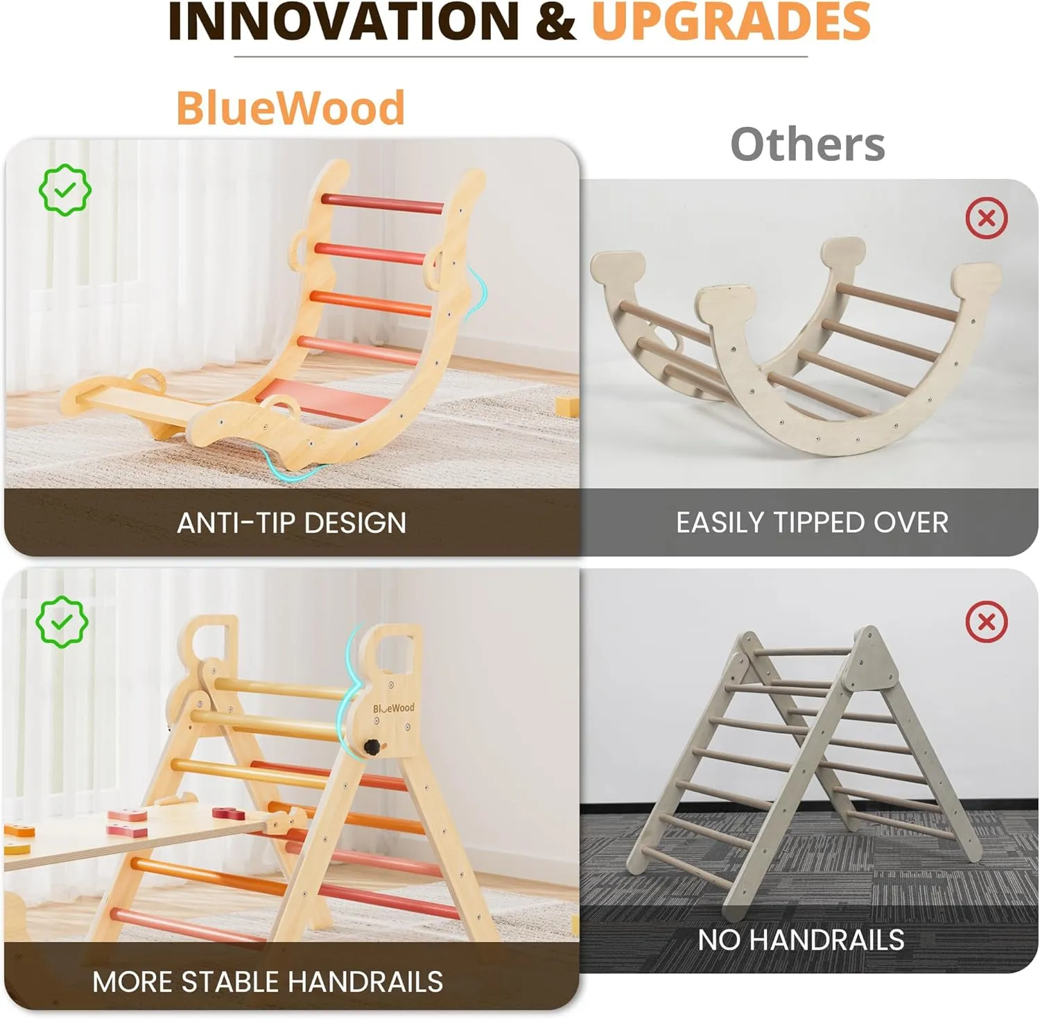 BlueWood Pikler Triangle Set, Toddler Wooden Climbing Toys Indoor 7in1 Foldable Climber for Kids, Montessori Philosophy Play Jungle Gym with Arch, Ramp, Ladder (Farm Charm Autumn)