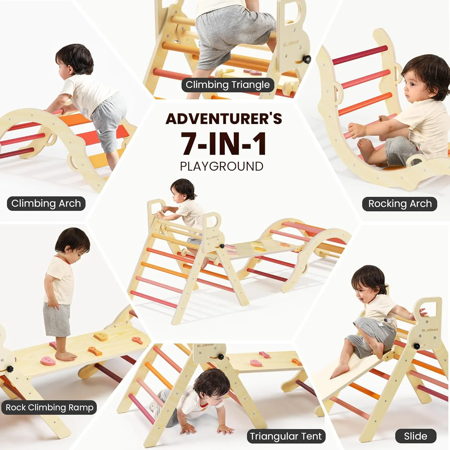 BlueWood Pikler Triangle Set, Toddler Wooden Climbing Toys Indoor 7in1 Foldable Climber for Kids, Montessori Philosophy Play Jungle Gym with Arch, Ramp, Ladder (Farm Charm Autumn)