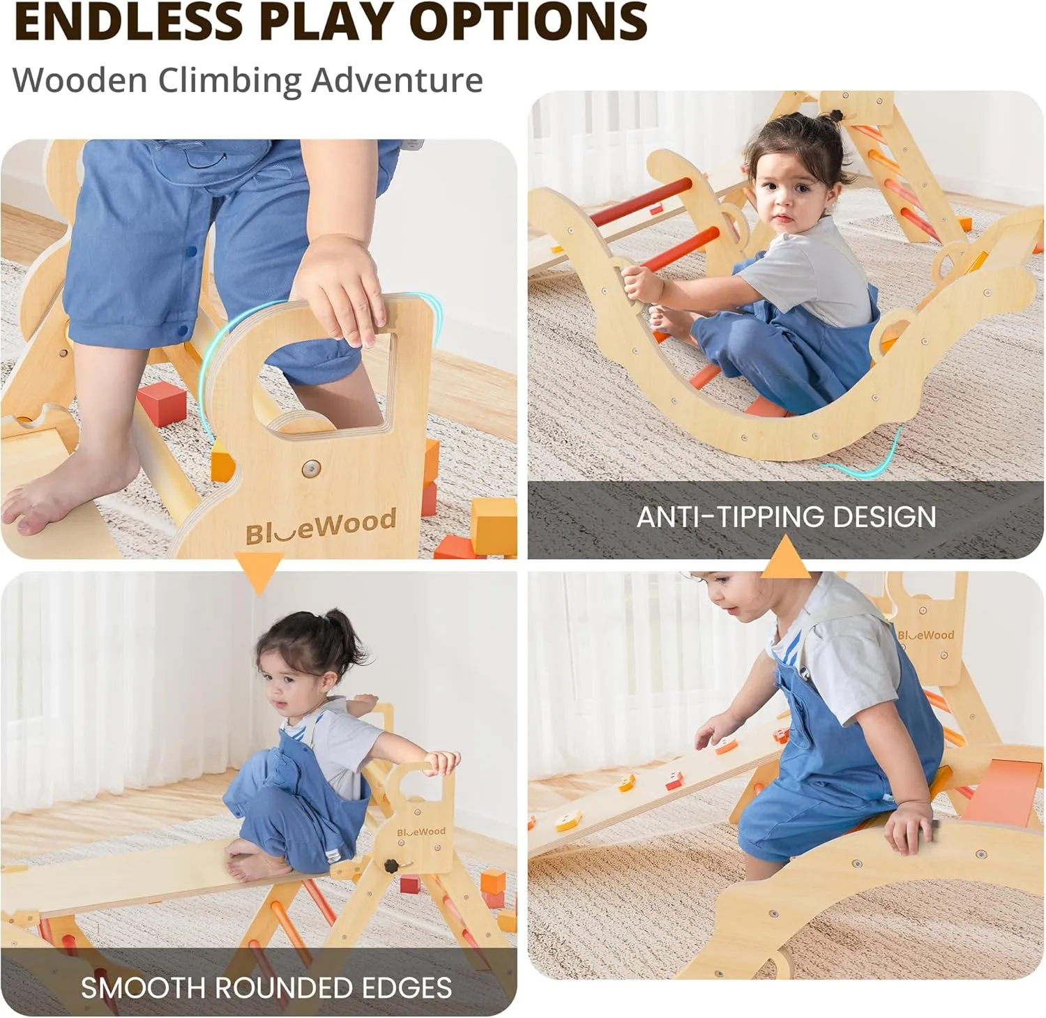BlueWood Pikler Triangle Set, Toddler Wooden Climbing Toys Indoor 7in1 Foldable Climber for Kids, Montessori Philosophy Play Jungle Gym with Arch, Ramp, Ladder (Farm Charm Autumn)
