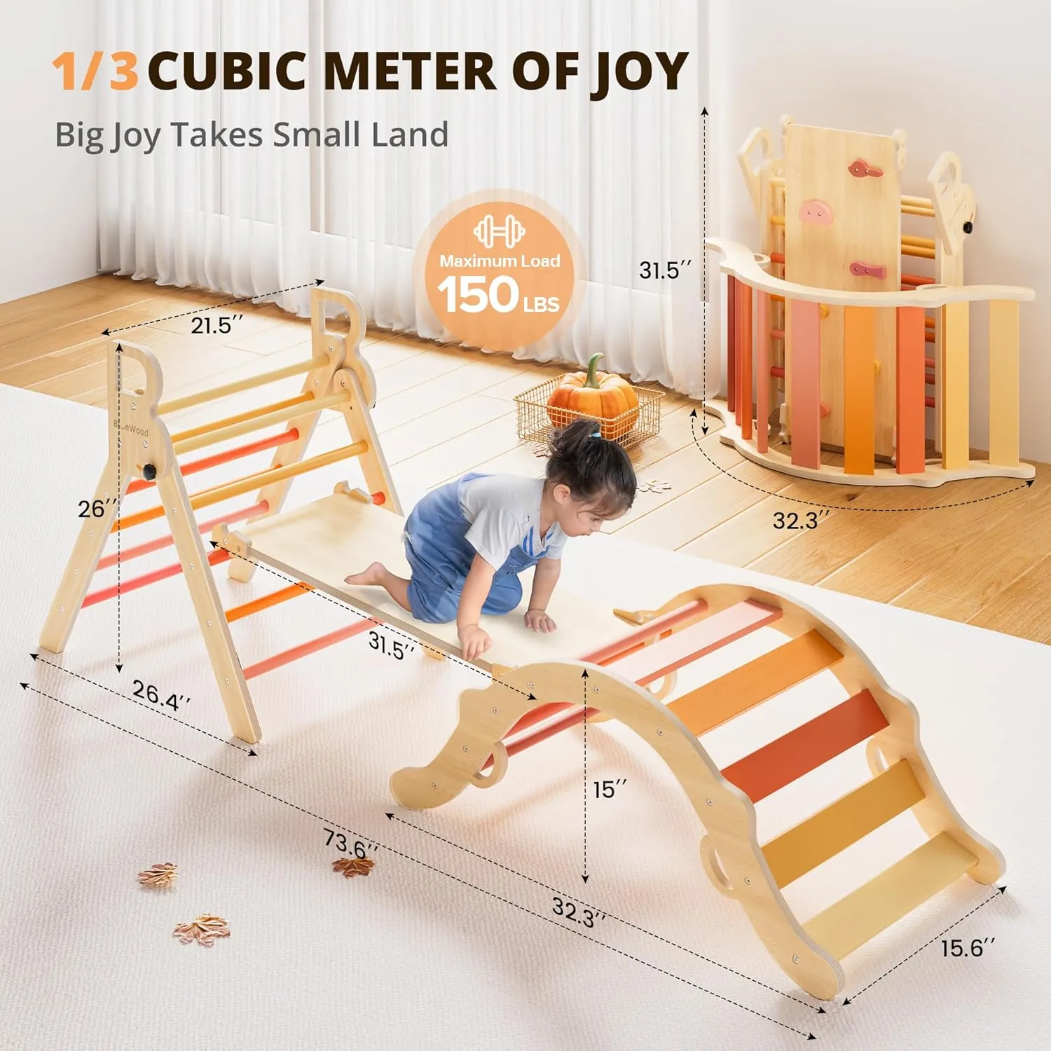 BlueWood Pikler Triangle Set, Toddler Wooden Climbing Toys Indoor 7in1 Foldable Climber for Kids, Montessori Philosophy Play Jungle Gym with Arch, Ramp, Ladder (Farm Charm Autumn)