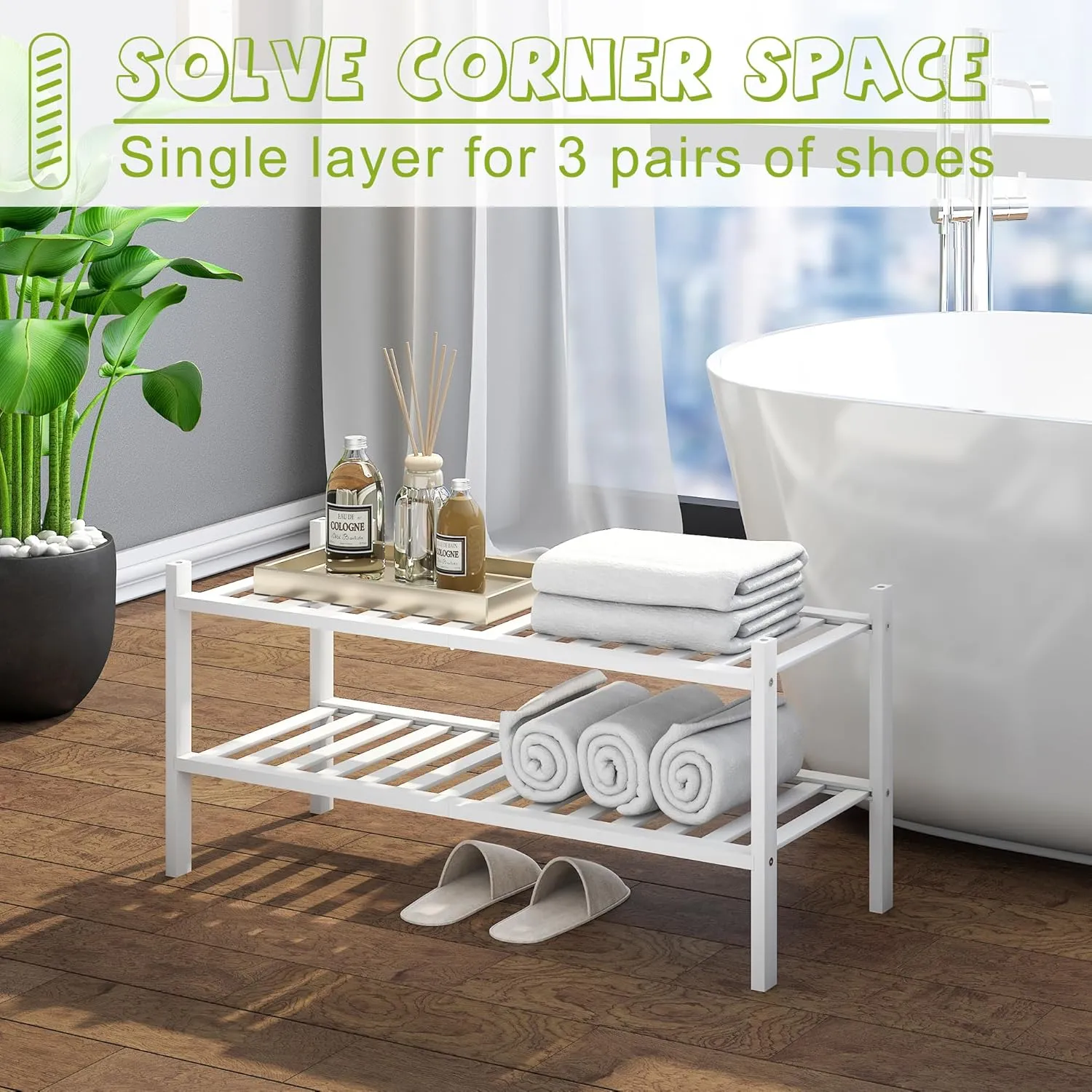 BMOSU 2-Tier Bamboo Shoe Rack Premium Stackable Shoe Shelf Storage Organizer for Hallway Closet Living Room Entryway Organizer(White Bamboo)