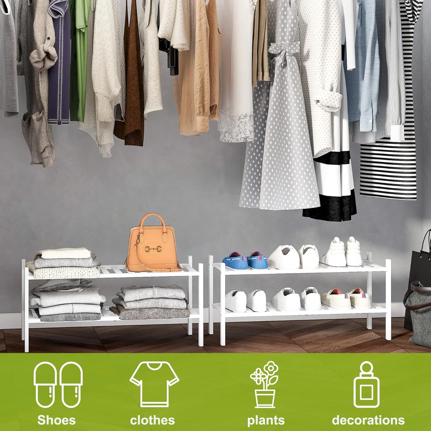 BMOSU 2-Tier Bamboo Shoe Rack Premium Stackable Shoe Shelf Storage Organizer for Hallway Closet Living Room Entryway Organizer(White Bamboo)