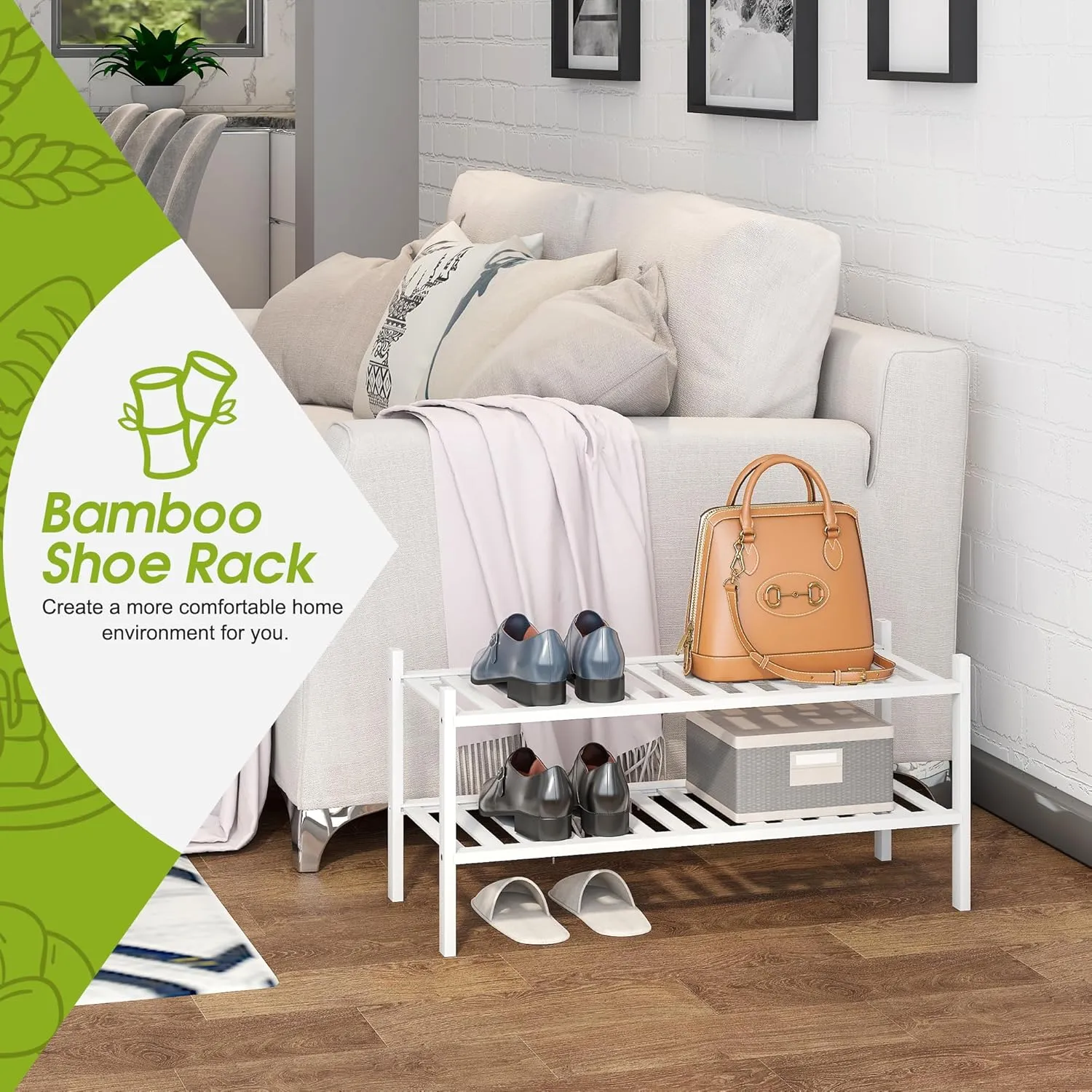 BMOSU 2-Tier Bamboo Shoe Rack Premium Stackable Shoe Shelf Storage Organizer for Hallway Closet Living Room Entryway Organizer(White Bamboo)