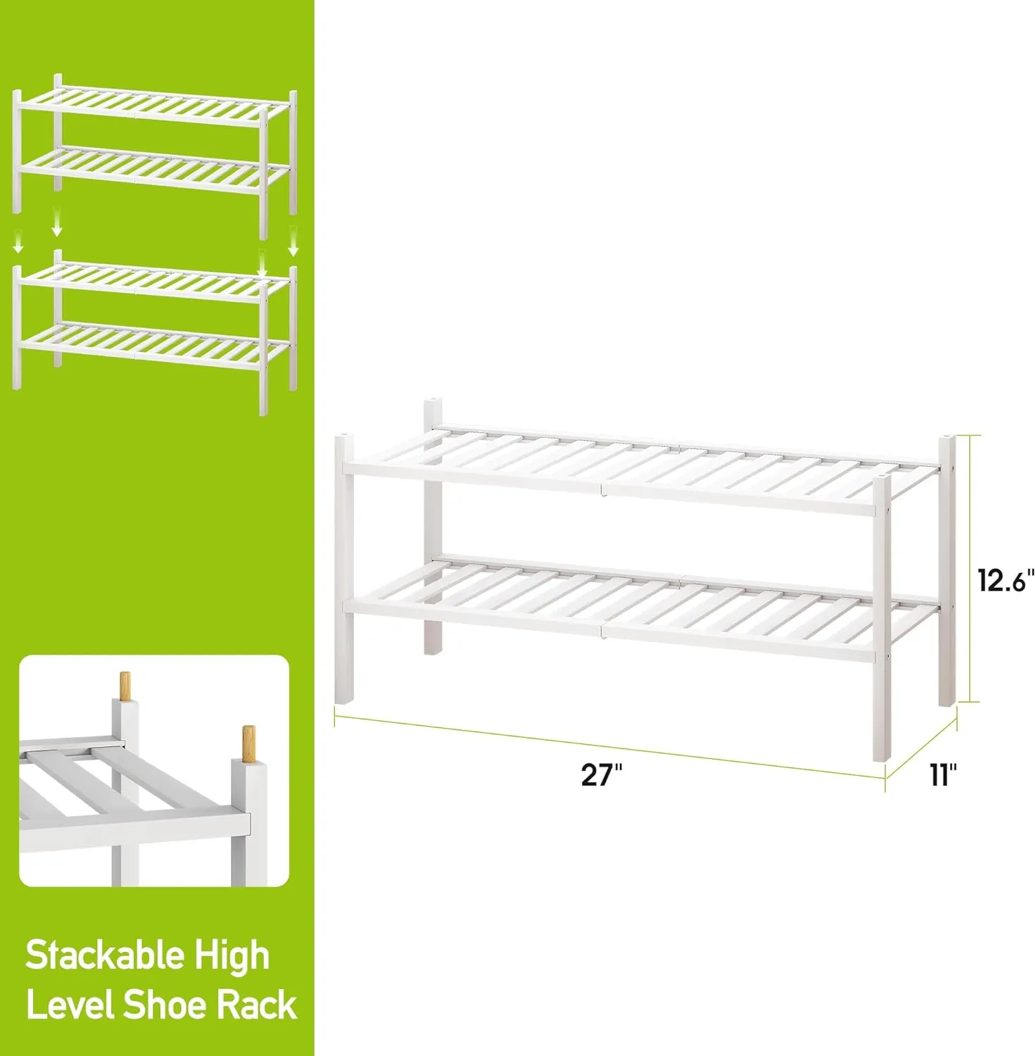 BMOSU 2-Tier Bamboo Shoe Rack Premium Stackable Shoe Shelf Storage Organizer for Hallway Closet Living Room Entryway Organizer(White Bamboo)