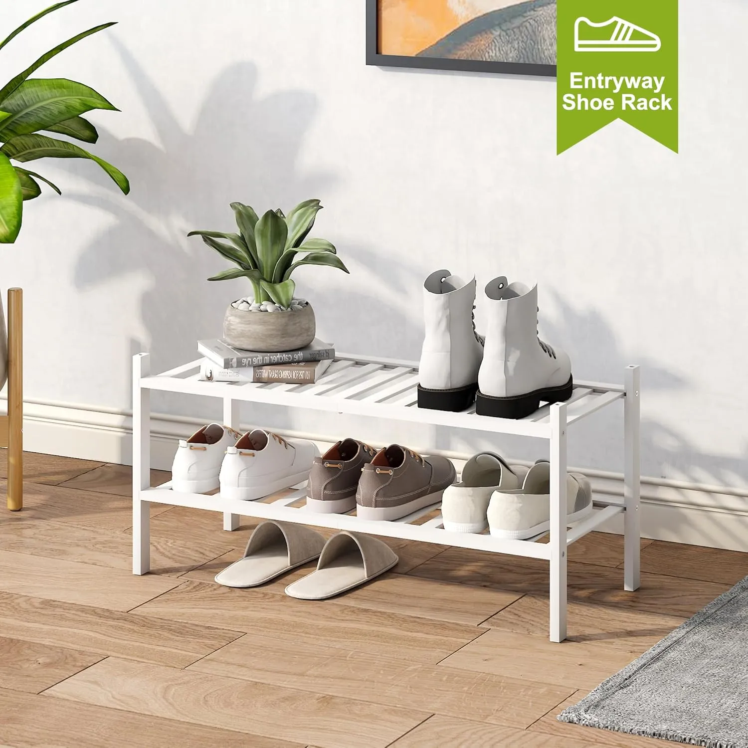 BMOSU 2-Tier Bamboo Shoe Rack Premium Stackable Shoe Shelf Storage Organizer for Hallway Closet Living Room Entryway Organizer(White Bamboo)