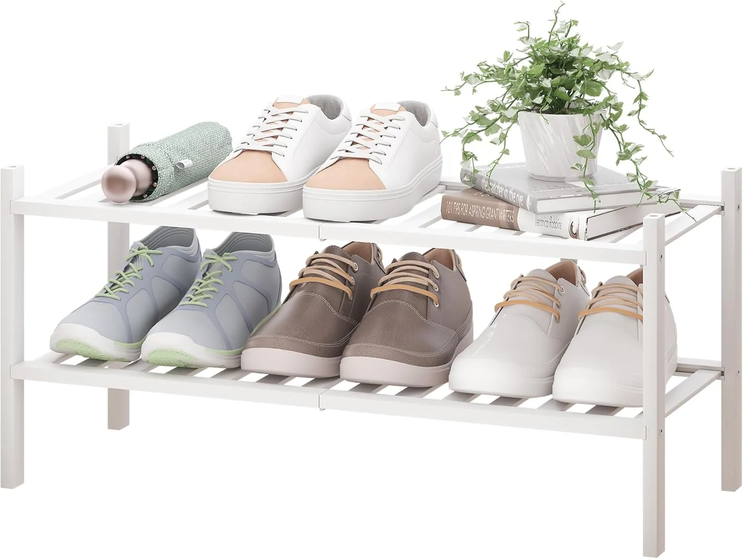 BMOSU 2-Tier Bamboo Shoe Rack Premium Stackable Shoe Shelf Storage Organizer for Hallway Closet Living Room Entryway Organizer(White Bamboo)
