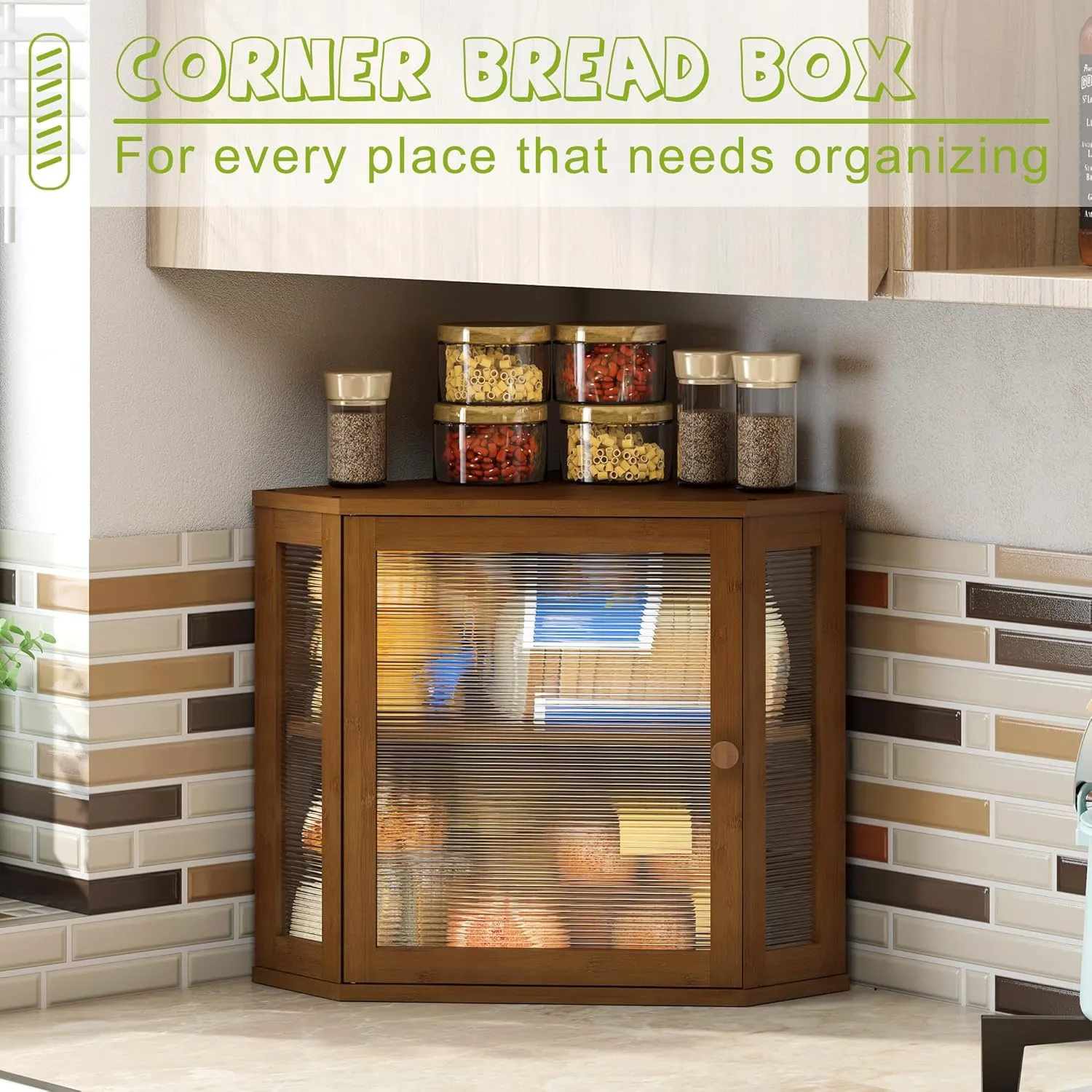 BMOSU Corner Bread Box for Kitchen Countertop Double Layer Bamboo Wooden Bread box Large Capacity Bread Storage Bin(Brown, Medium)