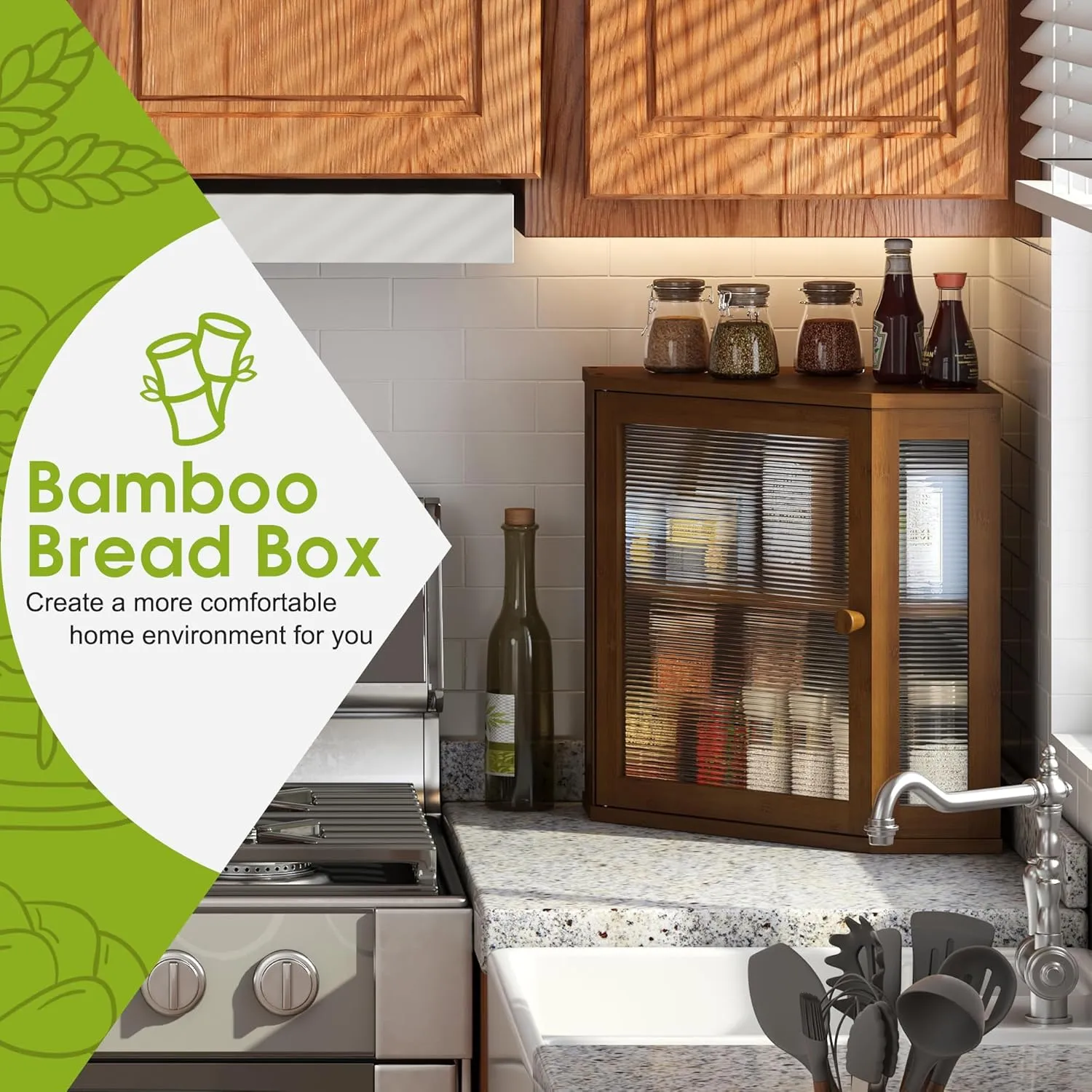 BMOSU Corner Bread Box for Kitchen Countertop Double Layer Bamboo Wooden Bread box Large Capacity Bread Storage Bin(Brown, Medium)