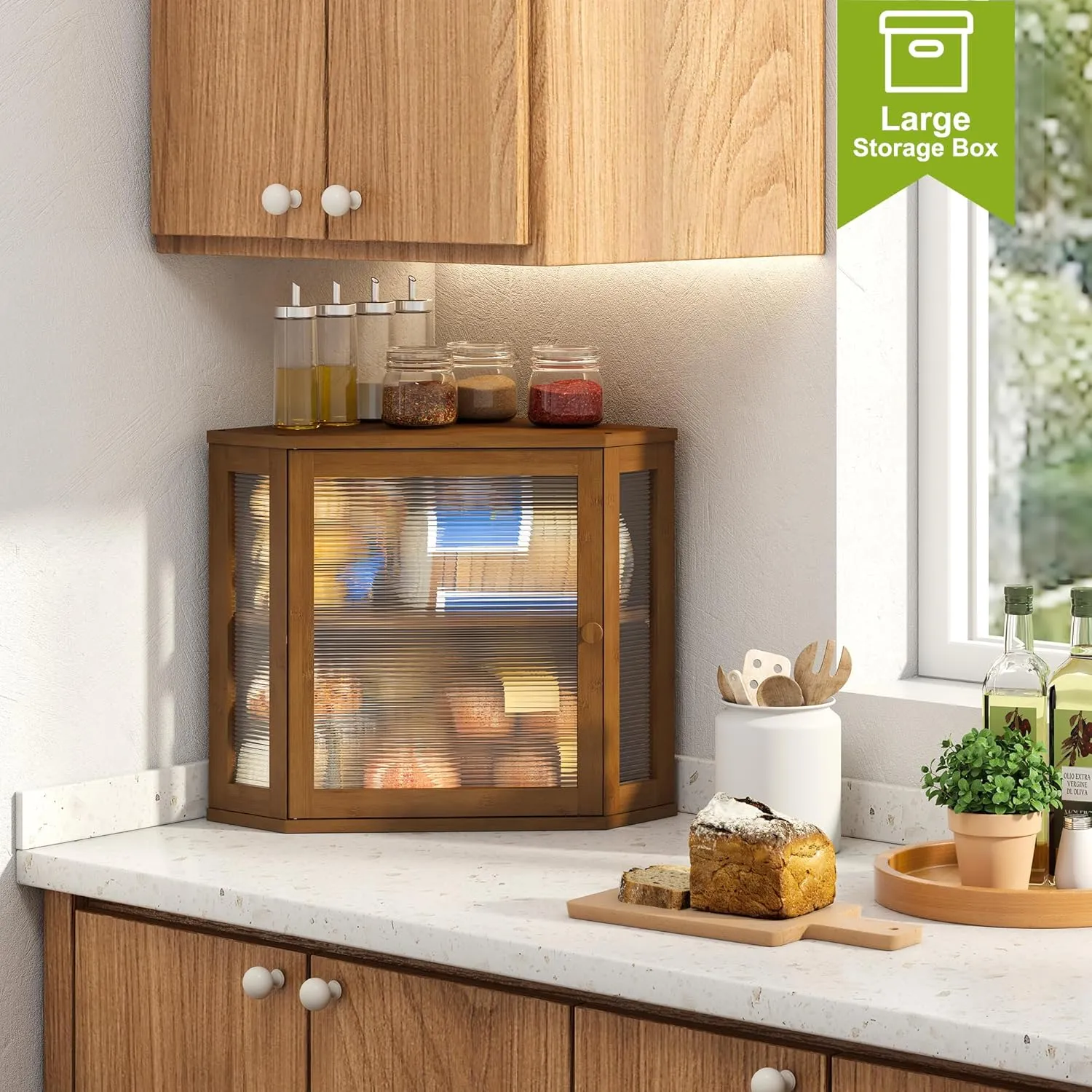 BMOSU Corner Bread Box for Kitchen Countertop Double Layer Bamboo Wooden Bread box Large Capacity Bread Storage Bin(Brown, Medium)