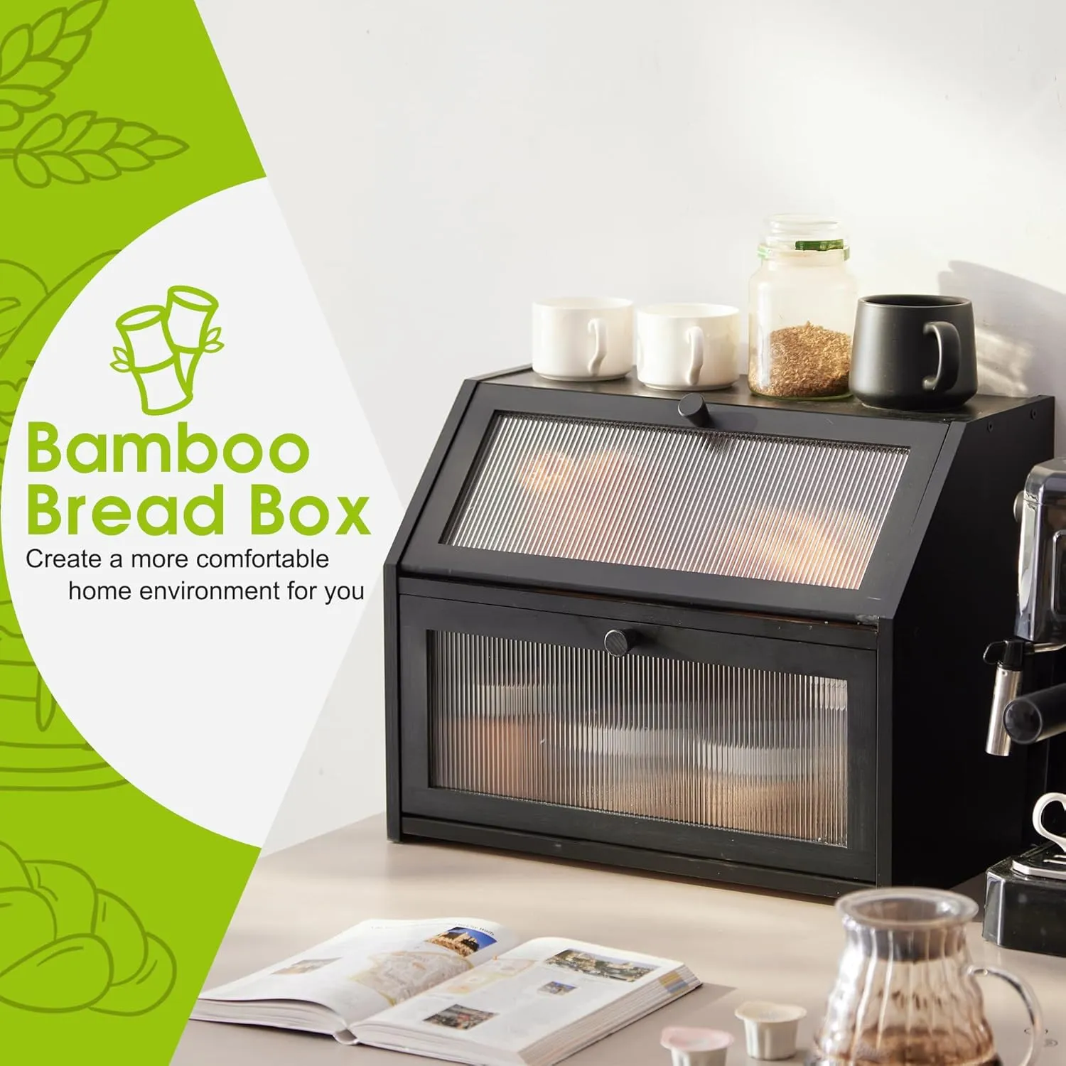 BMOSU Large Double Layer Bread Box for Kitchen Countertop, Bamboo Wood Capacity Bin Storage (Black)