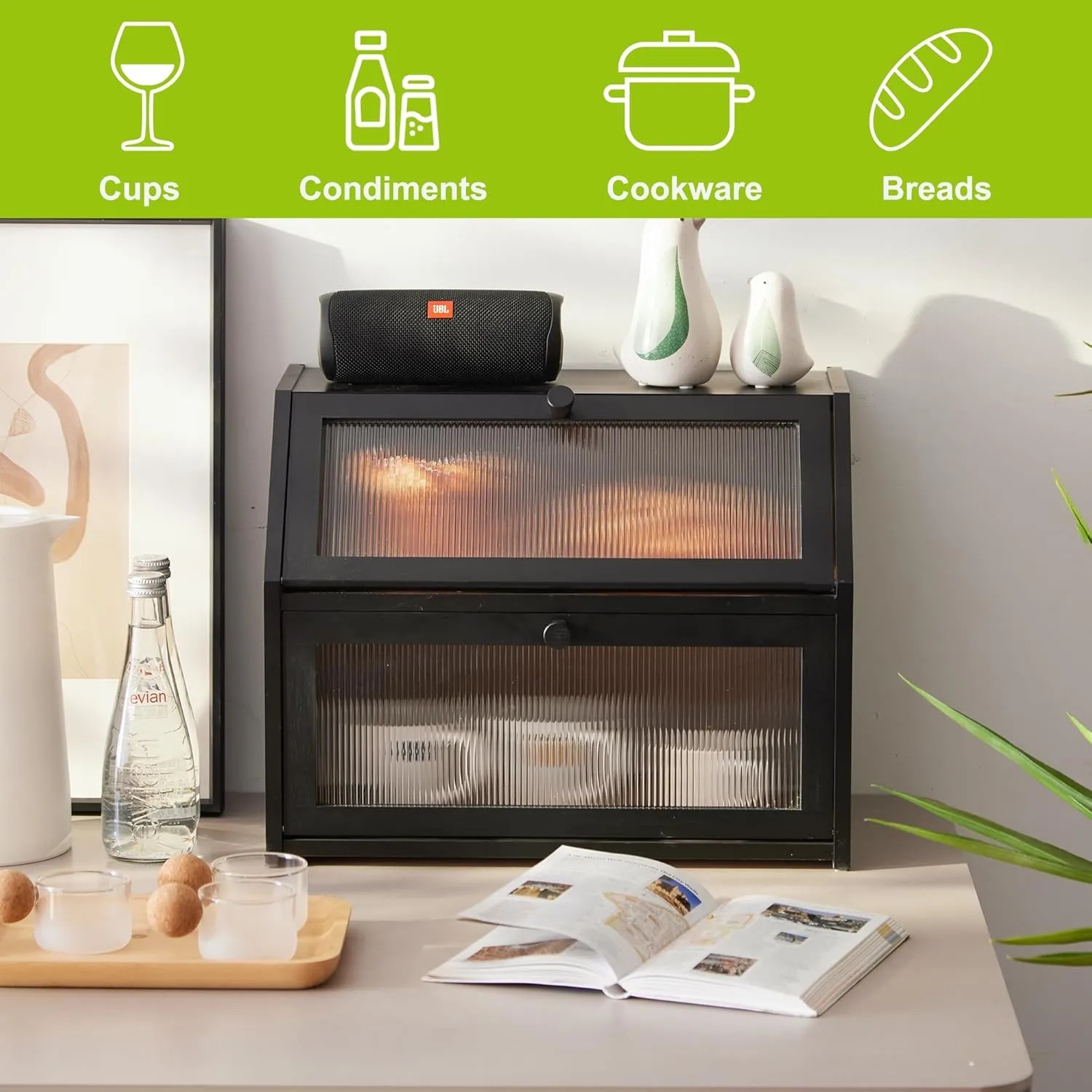 BMOSU Large Double Layer Bread Box for Kitchen Countertop, Bamboo Wood Capacity Bin Storage (Black)