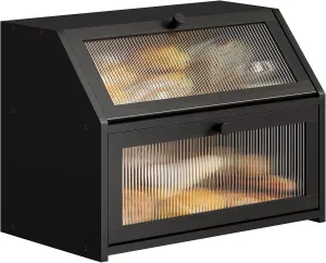 BMOSU Large Double Layer Bread Box for Kitchen Countertop, Bamboo Wood Capacity Bin Storage (Black)