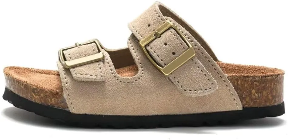 Boys Girls Summer Cork Footbed Slide Sandal, Arch Support Outdoor Suede Sandals with Adjustable Buckle for Toddler/Little Kid/Big Kid