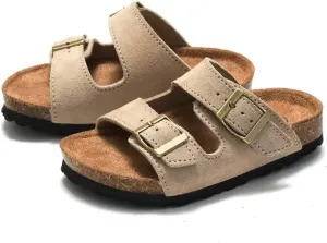 Boys Girls Summer Cork Footbed Slide Sandal, Arch Support Outdoor Suede Sandals with Adjustable Buckle for Toddler/Little Kid/Big Kid