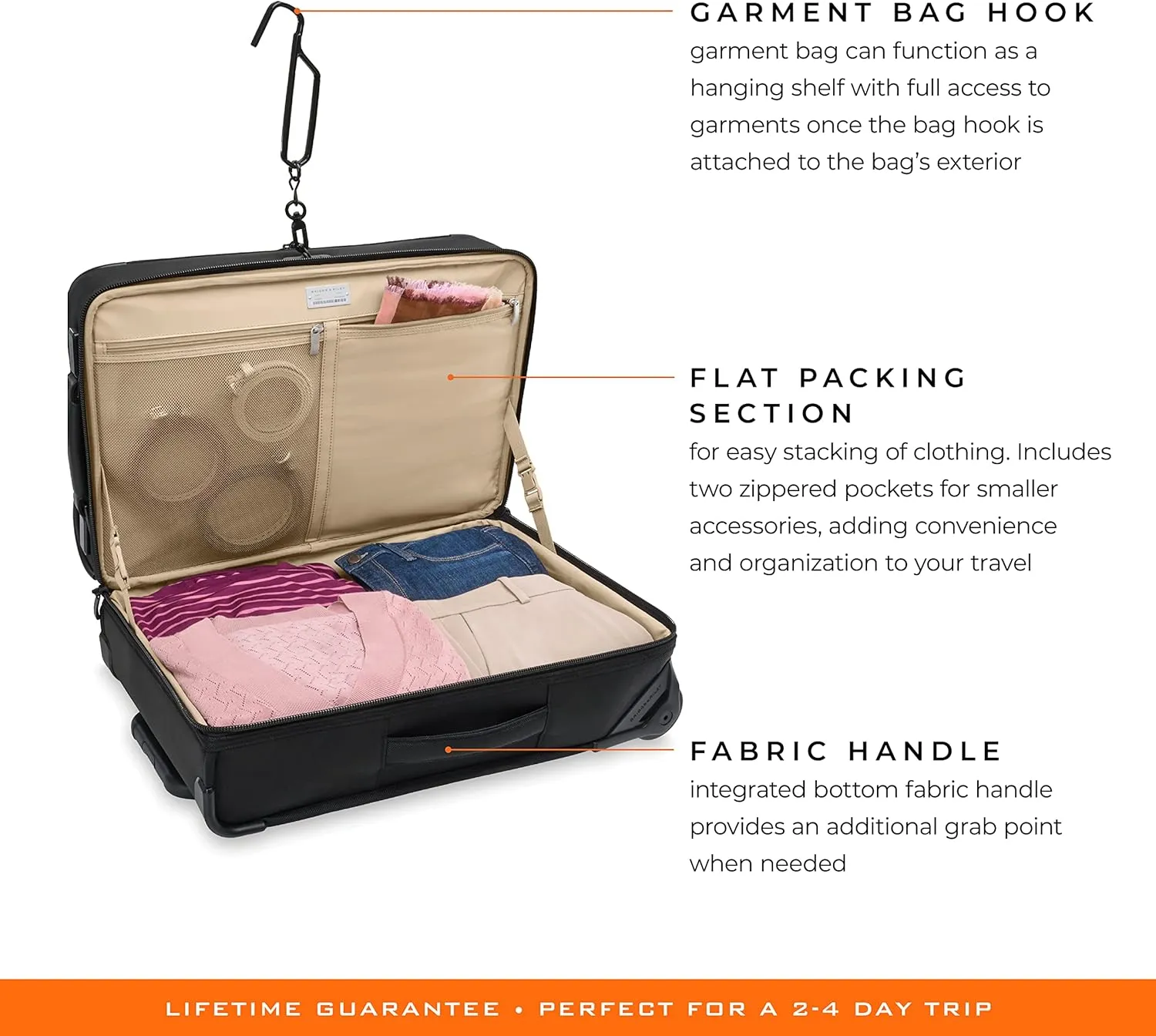 Briggs & Riley 22" Carry-On 2-Wheel Garment Bag - Carry On Luggage for Travel, Suitcases with Wheels, Softside Rolling Bag for Men & Women, Built in Hook for Clothes - Baseline Collection, Black