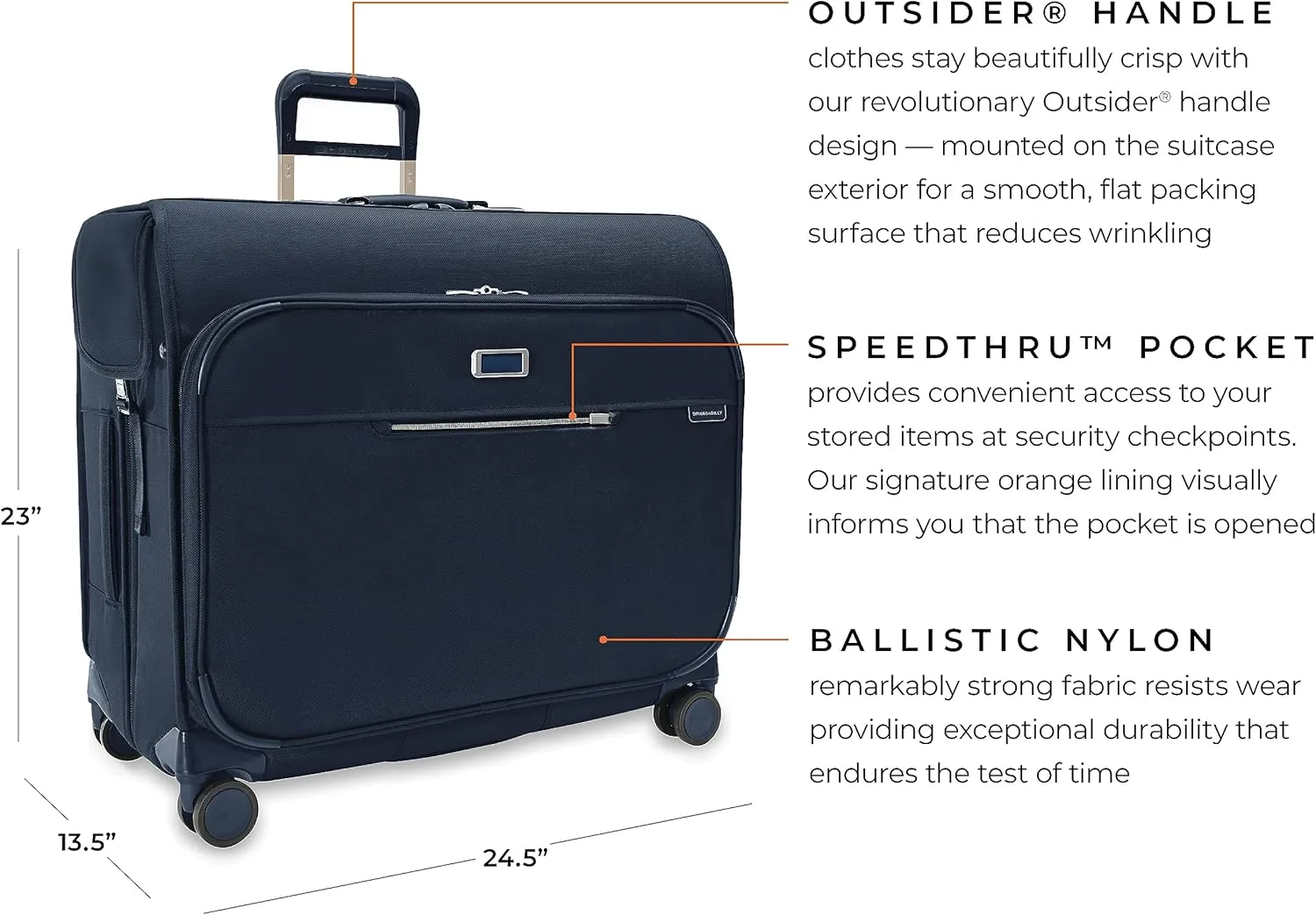 Briggs & Riley Deluxe Wardrobe Spinner - Checked Luggage for Travel, Suitcases with Wheels, Softside Rolling Bag for Men & Women, Built in Hook for Clothes - Baseline Collection, Navy
