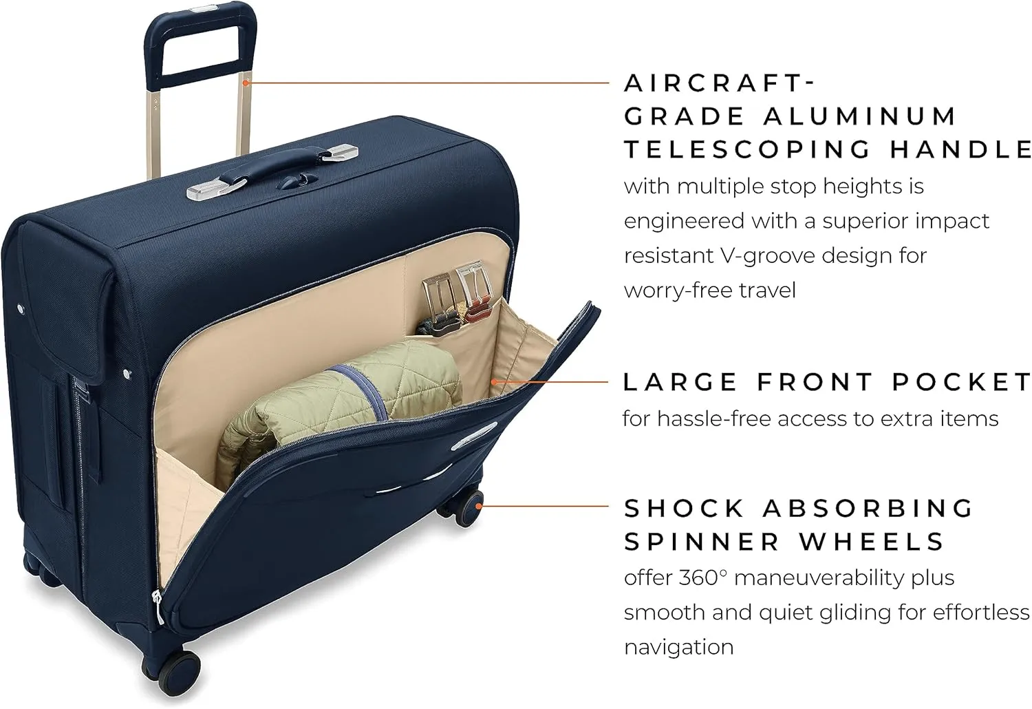 Briggs & Riley Deluxe Wardrobe Spinner - Checked Luggage for Travel, Suitcases with Wheels, Softside Rolling Bag for Men & Women, Built in Hook for Clothes - Baseline Collection, Navy