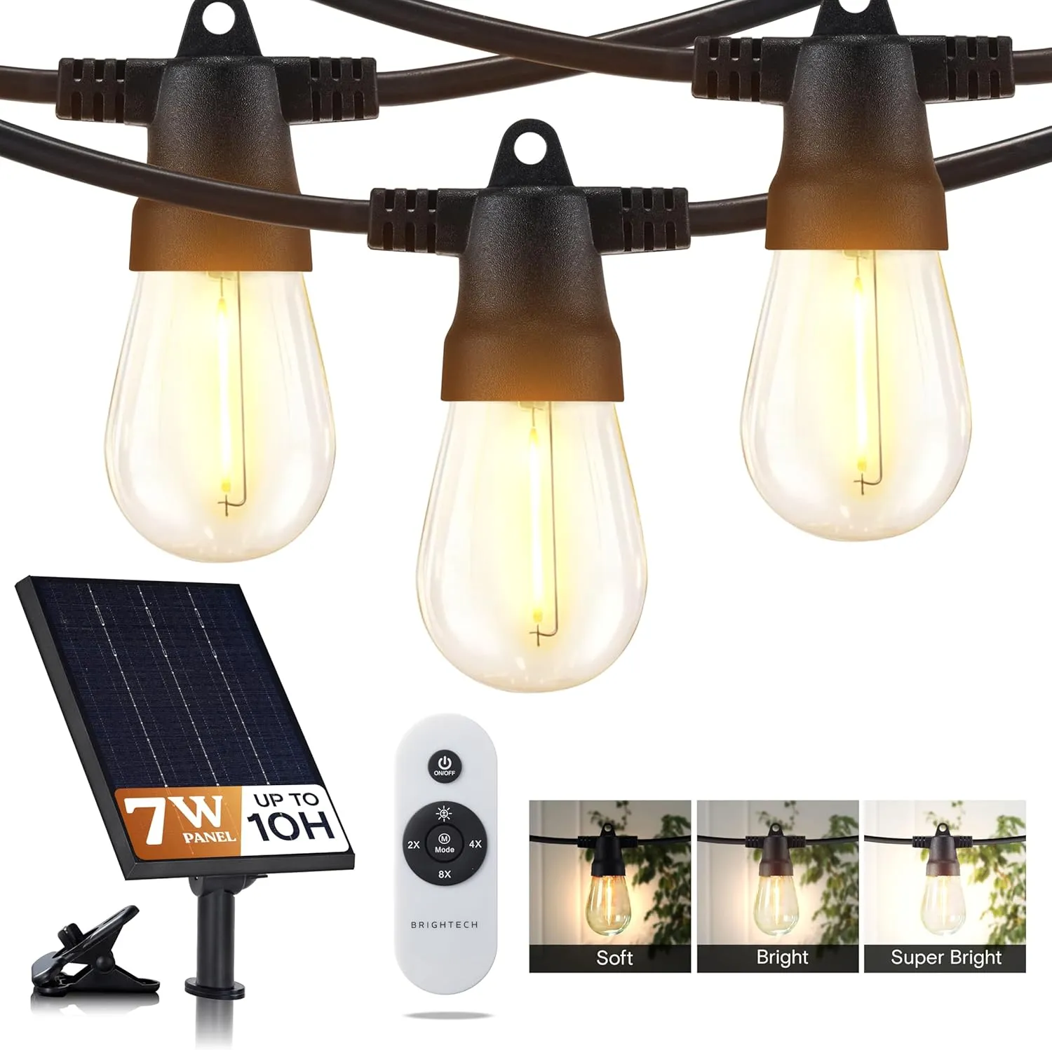 Brightech 104 (93 11) FT Ambience Pro Solar Powered Outdoor LED String Lights - Waterproof Remote Control Lights - 32 Bulbs, 7W Solar Powered Soft White Light for Camping, Patio, Garden
