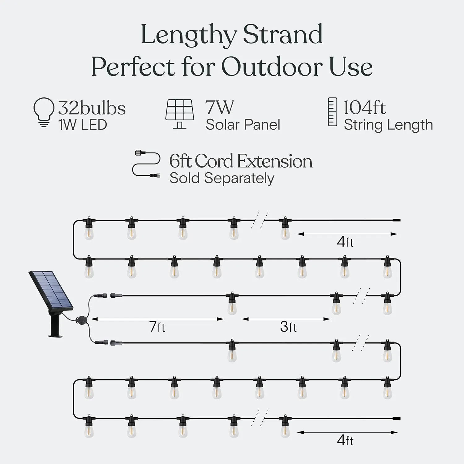 Brightech 104 (93 11) FT Ambience Pro Solar Powered Outdoor LED String Lights - Waterproof Remote Control Lights - 32 Bulbs, 7W Solar Powered Soft White Light for Camping, Patio, Garden